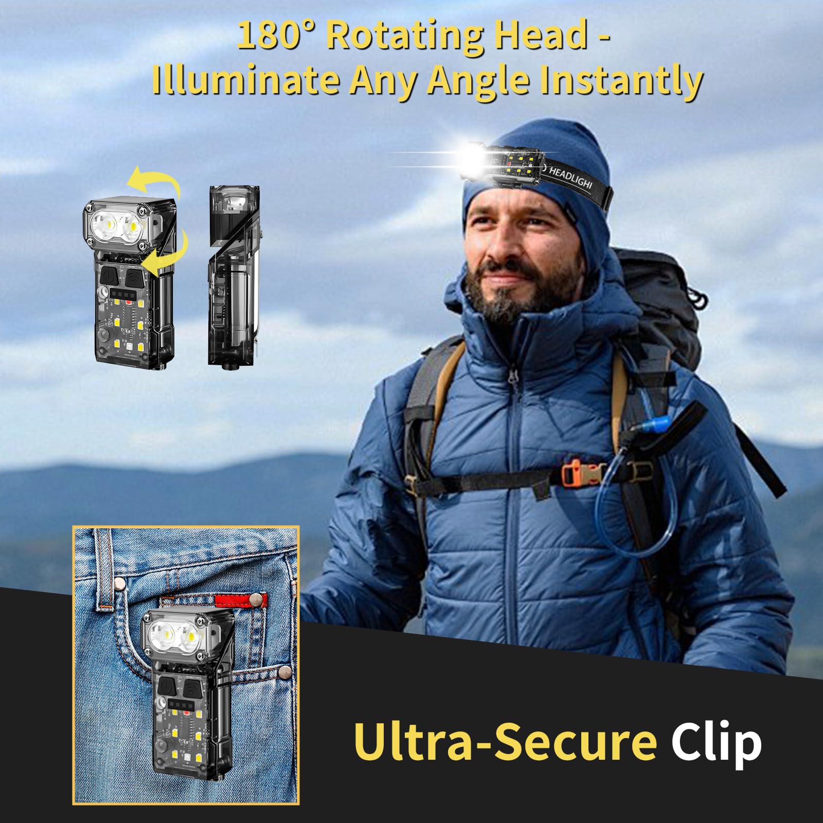 Keep Shinning Rechargeable Headlamp EDC Flashlight Mini Compact High Lumens Smoke Grey HP03