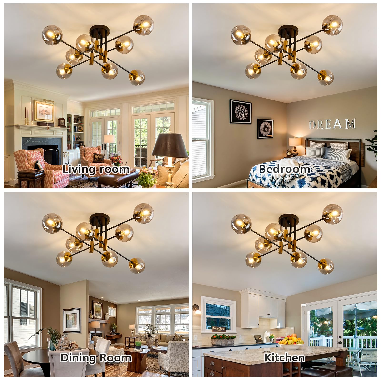 Szxykeji 8 Light Black Sputnik Chandelier, Glass Globe Flush Mount For Living Room & Dining Room