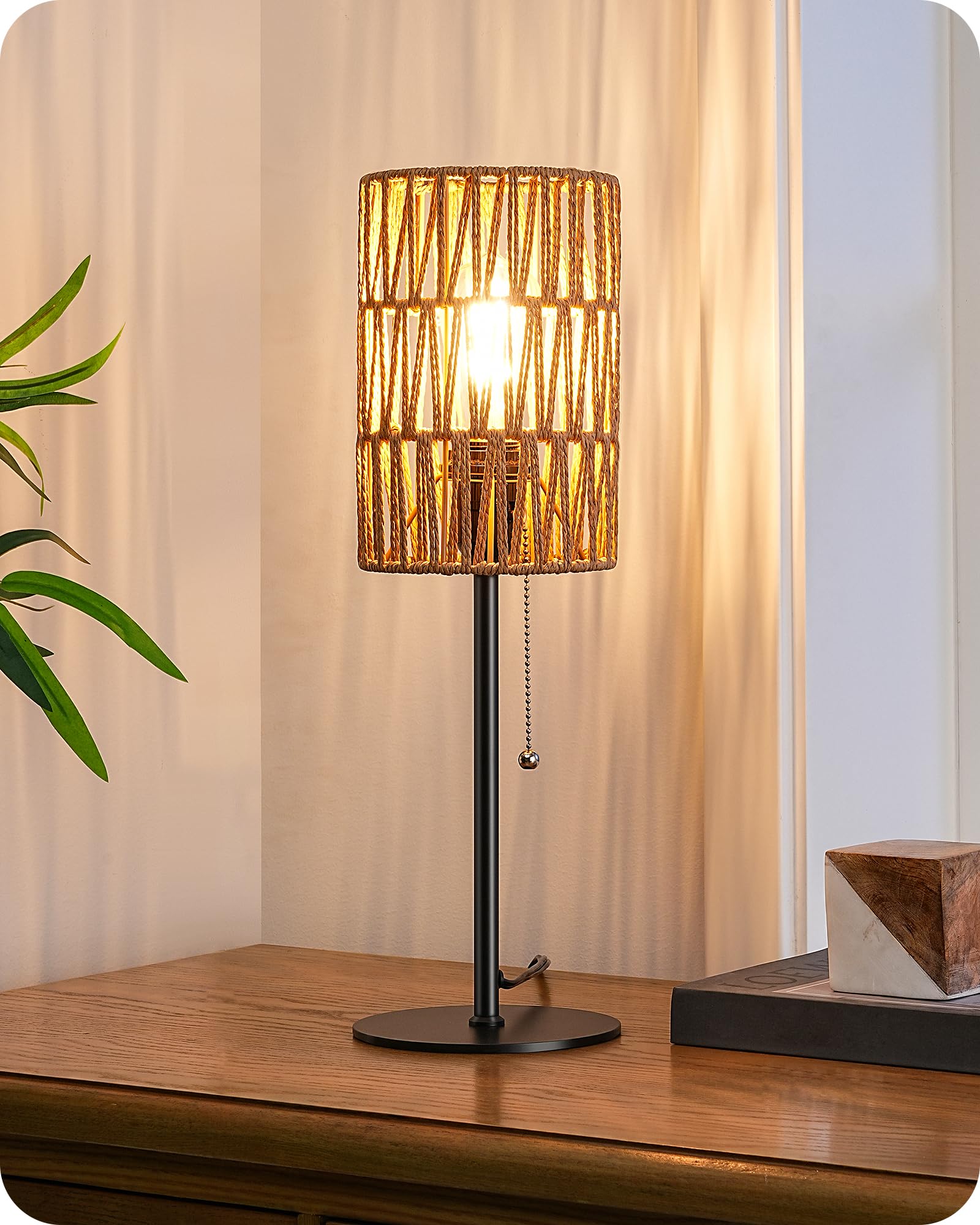 Edishine 19.1'' Rattan Table Lamp, Tall Bedside Lamp With W-Knit Lampshade, Pull-Chain Switch & E26 Socket, Metal Base Boho Nigh