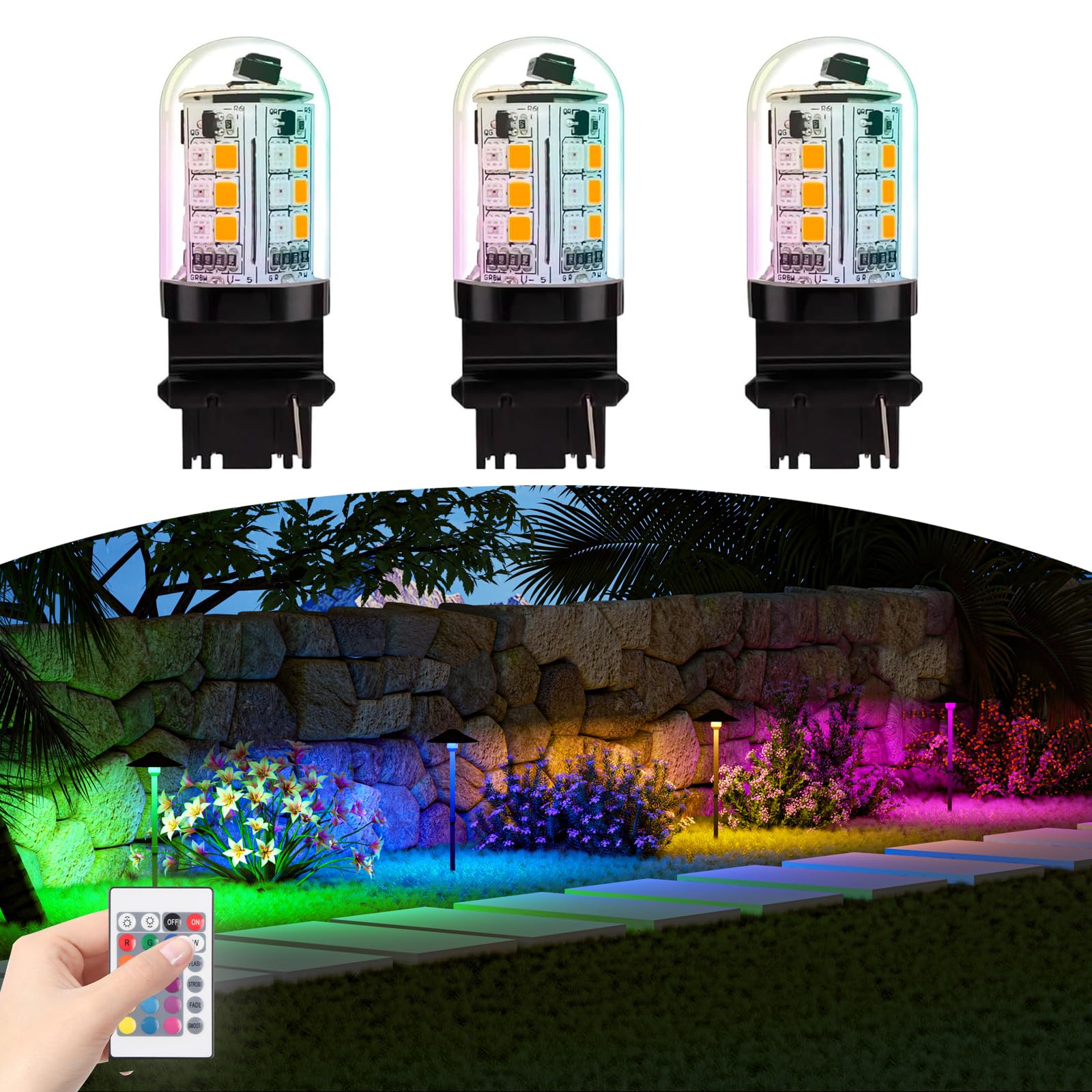 Makergroup RGB S8 LED Light Bulbs, 3156 Wedge Base, Color Changing, Warm White + 15 Multi-Colors, 3-Pack, Weatherproof