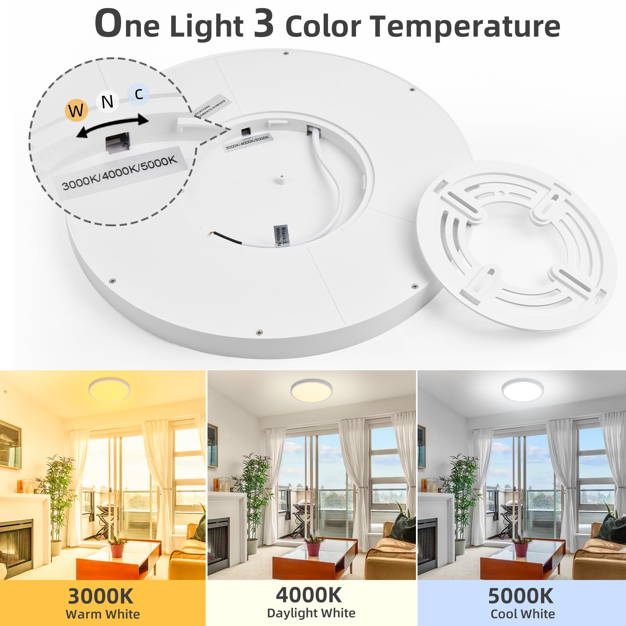 Hlite 9 Inch Flush Mount LED Ceiling Light Fixture, 18W 1800LM, 3000K/4000K/5000K, Plastic, White, Model CLB-