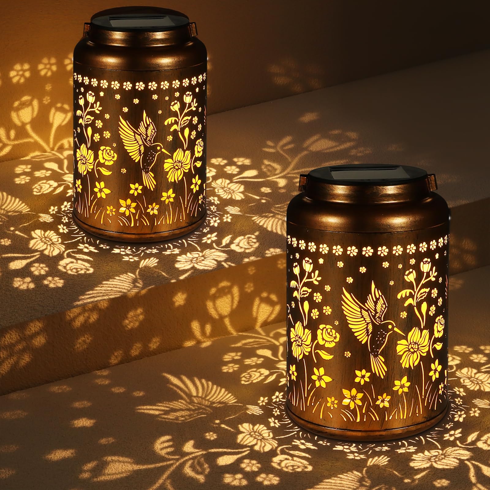 Tepaken 2 Pack Solar Lanterns Outdoor Waterproof, Hummingbird Garden Decor Gifts for Women Mom Grandma Hanging Solar Lights Metal Solar Decoration Outside for Yard, Patio, Lawn, Pathway, Landscape