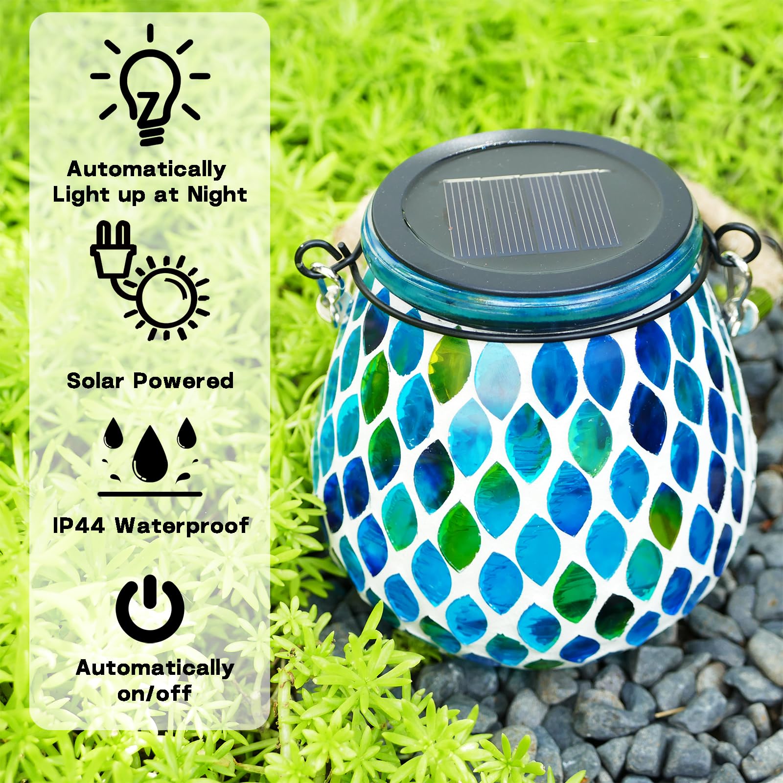 Mosaic Blue Solar Lanterns, Outdoor Glass Hanging Lights, Waterproof, Solar Table Lamps, Christmas Gifts For Women Mom Grandma, Night Lights, Decoration For Garden, Patio, Yard, Party, Outdoor Decor