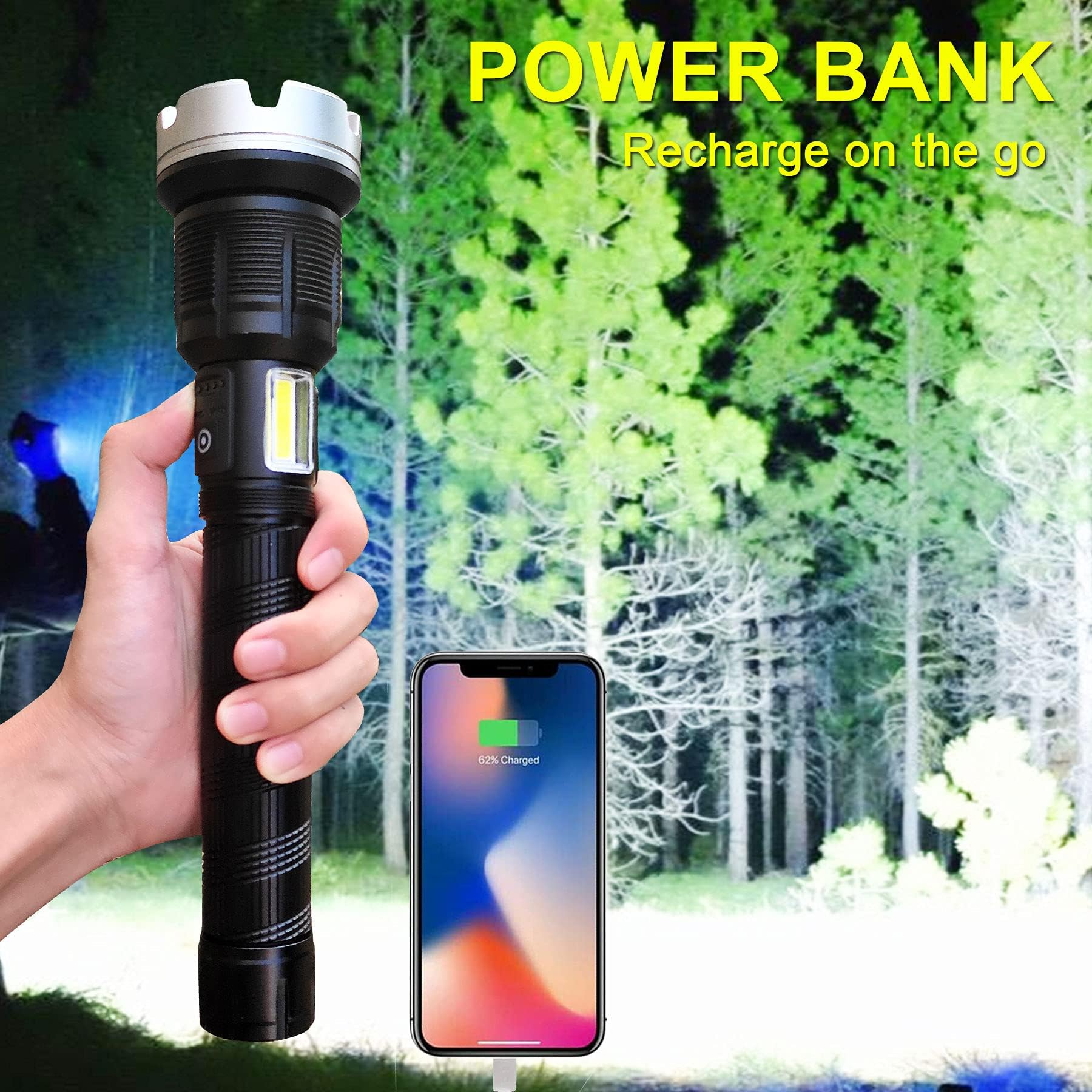VASTFIRE Rechargeable Flashlight, 2000000 Lumens, Large, Aluminum, Black, Model VASTFIRE-XHP P90.2, Zoomable, Ideal for Home &