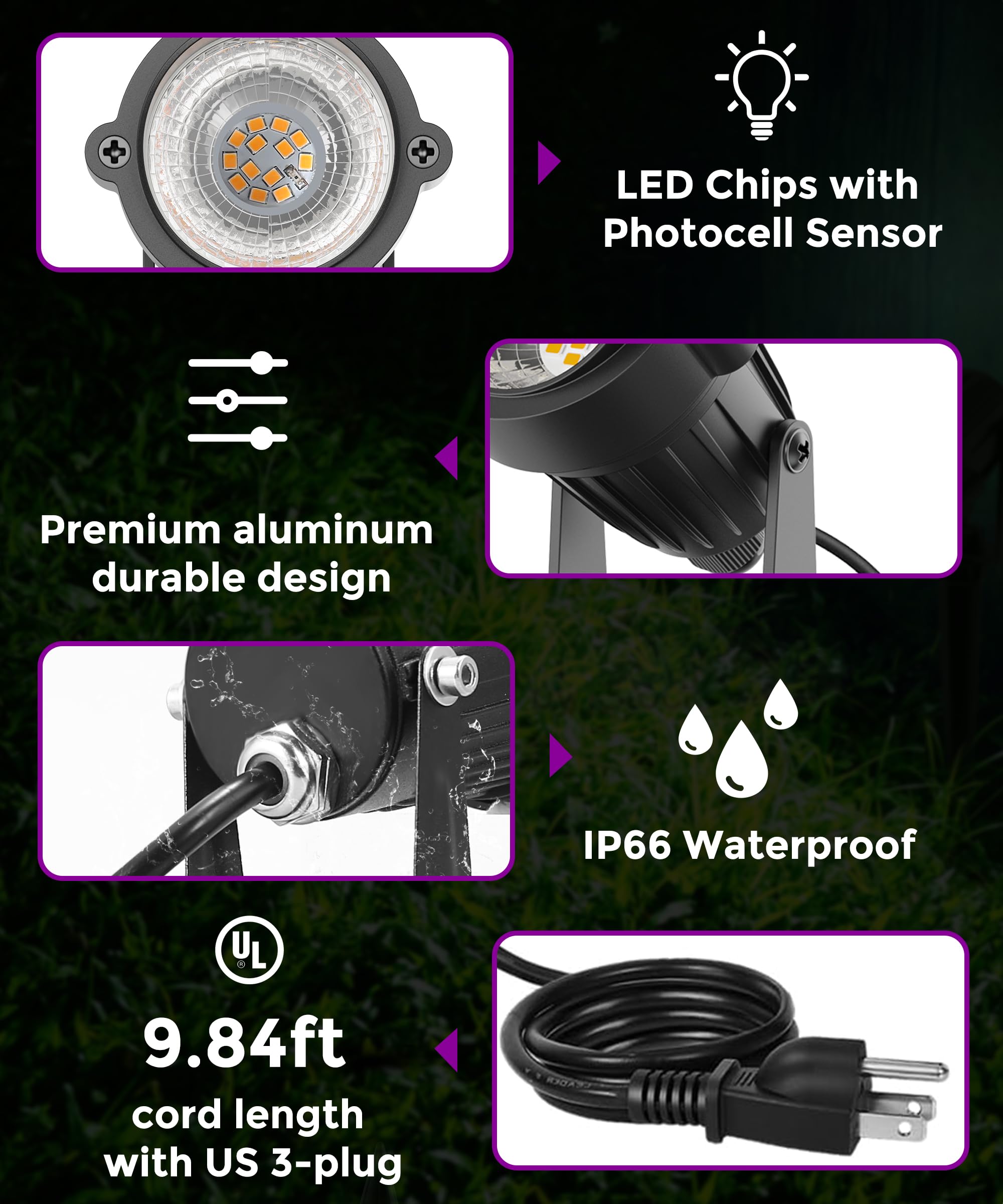 L LOHAS LED Outdoor Purple Christmas Spot Lights, 10W Dusk to Dawn Sensor, 2 Pack, IP66 Waterproof, Aluminum, Model A-SD-002-01-PU-2