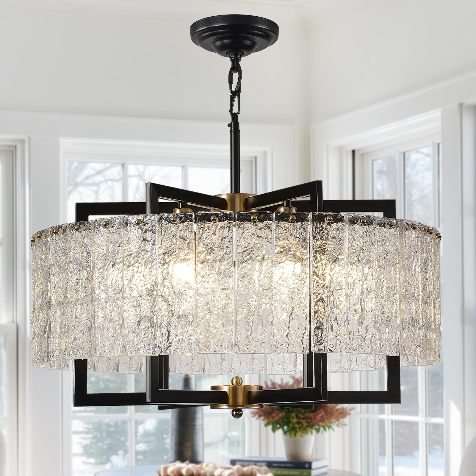 Axamate Modern Black Chandeliers for Dining Room, Drum Chandelier 6 Lights 23.6 inch, Modern Farmhouse Lighting Fixture with Wat