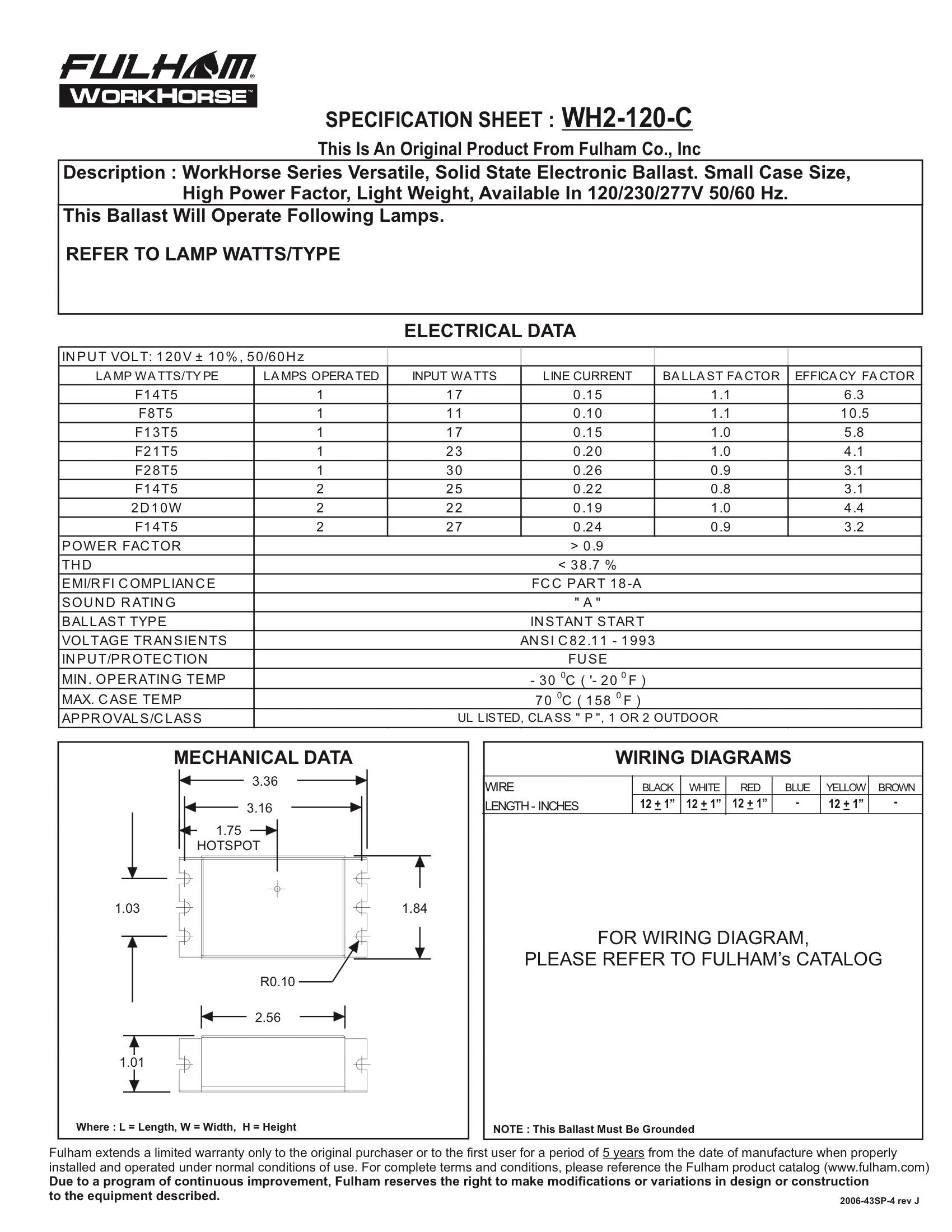 Fulham Lighting Wh2-120-C Workhorse 2 Versatile Fluorescent Lamp Ballast, 120V