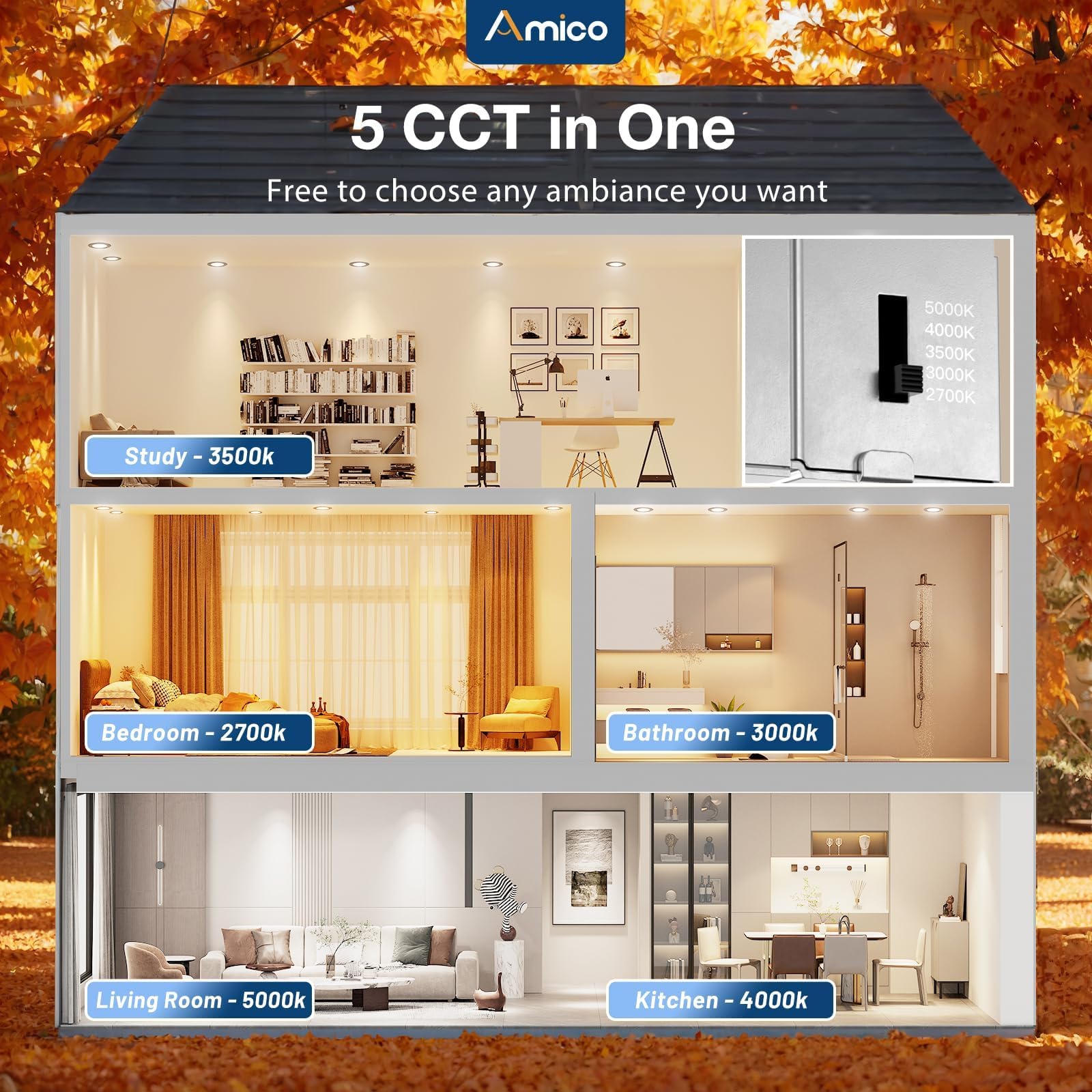 Amico 6 Pack Black 4 Inch 5Cct Led Recessed Ceiling Light With Night Light, 2700K/3000K/3500K/4000K/5000K Selectable Ultra-Thin