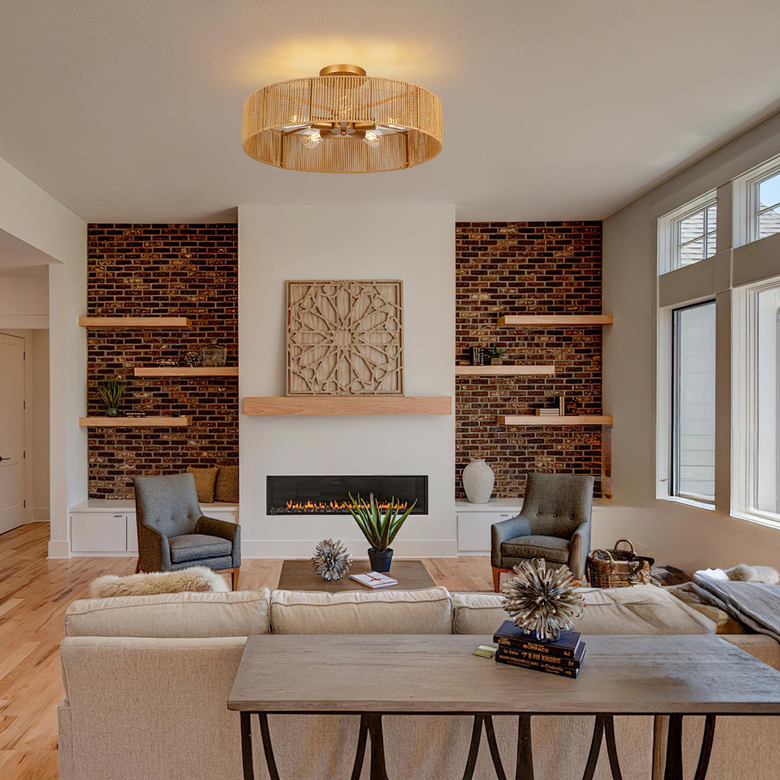 CLARSYNE 24in Rattan Flush Mount Ceiling Light Fixture, 5-Light Gold Boho Chandelier, Model CL-LG-009, Pattern A