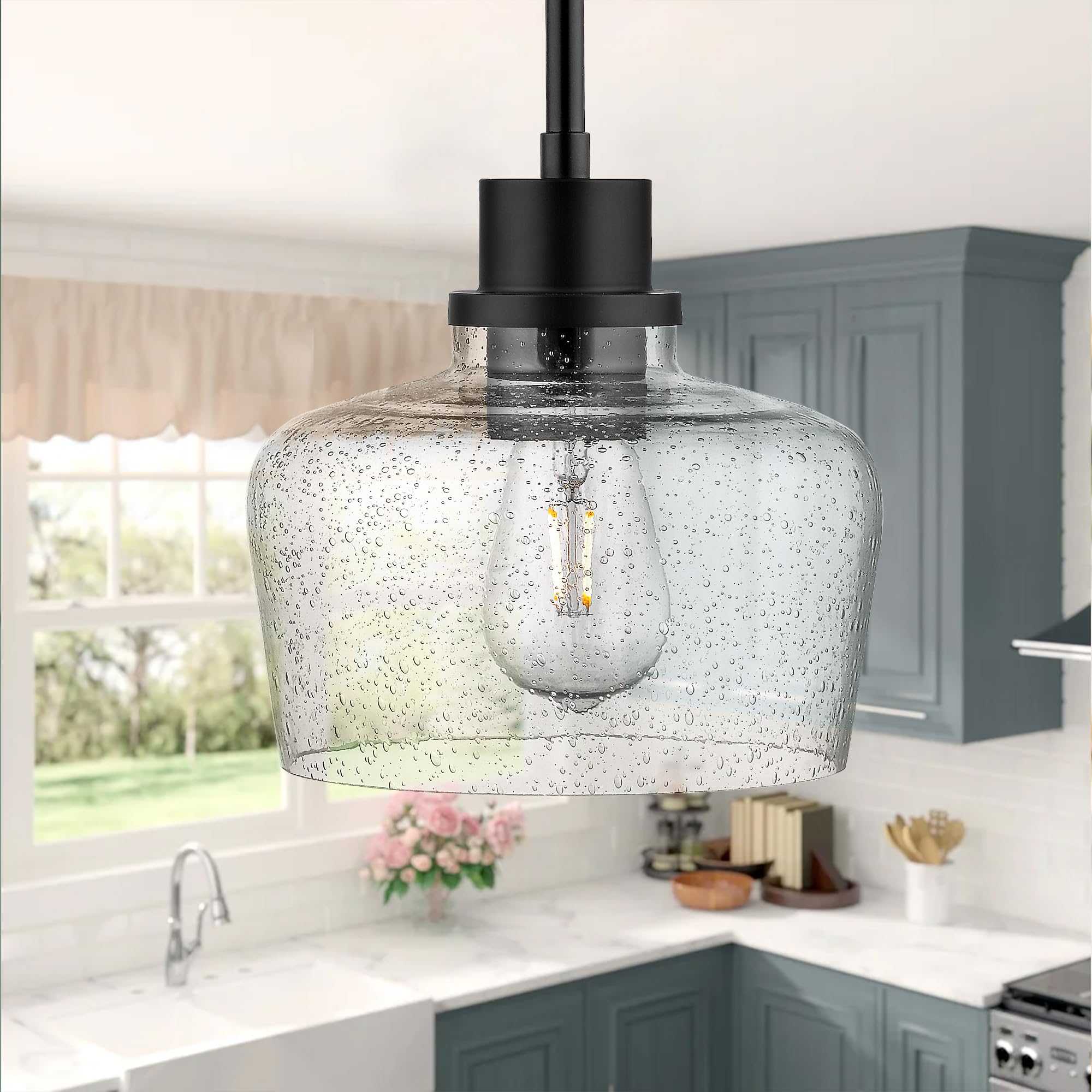Emak Modern Farmhouse Pendant Lights Kitchen Island, Black Pendant Light Fixtures With Seeded Glass Shade, 8 Inch Hanging Lights