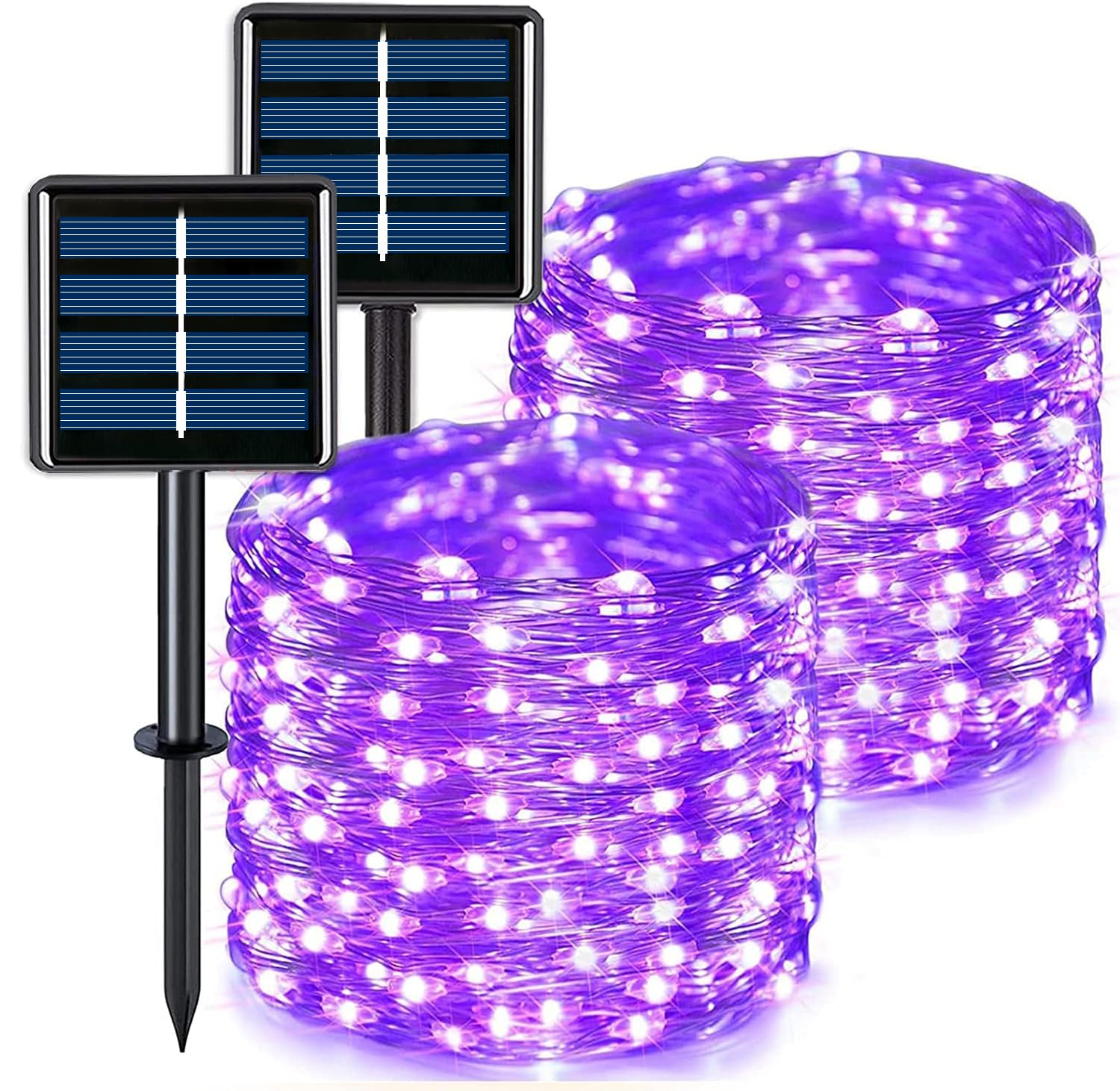 JMEXSUSS Solar Fairy String Lights, 200 LED, 66ft, 8 Modes, Copper Wire, Purple, 2 Pack for Christmas, Garden, Party Decorations