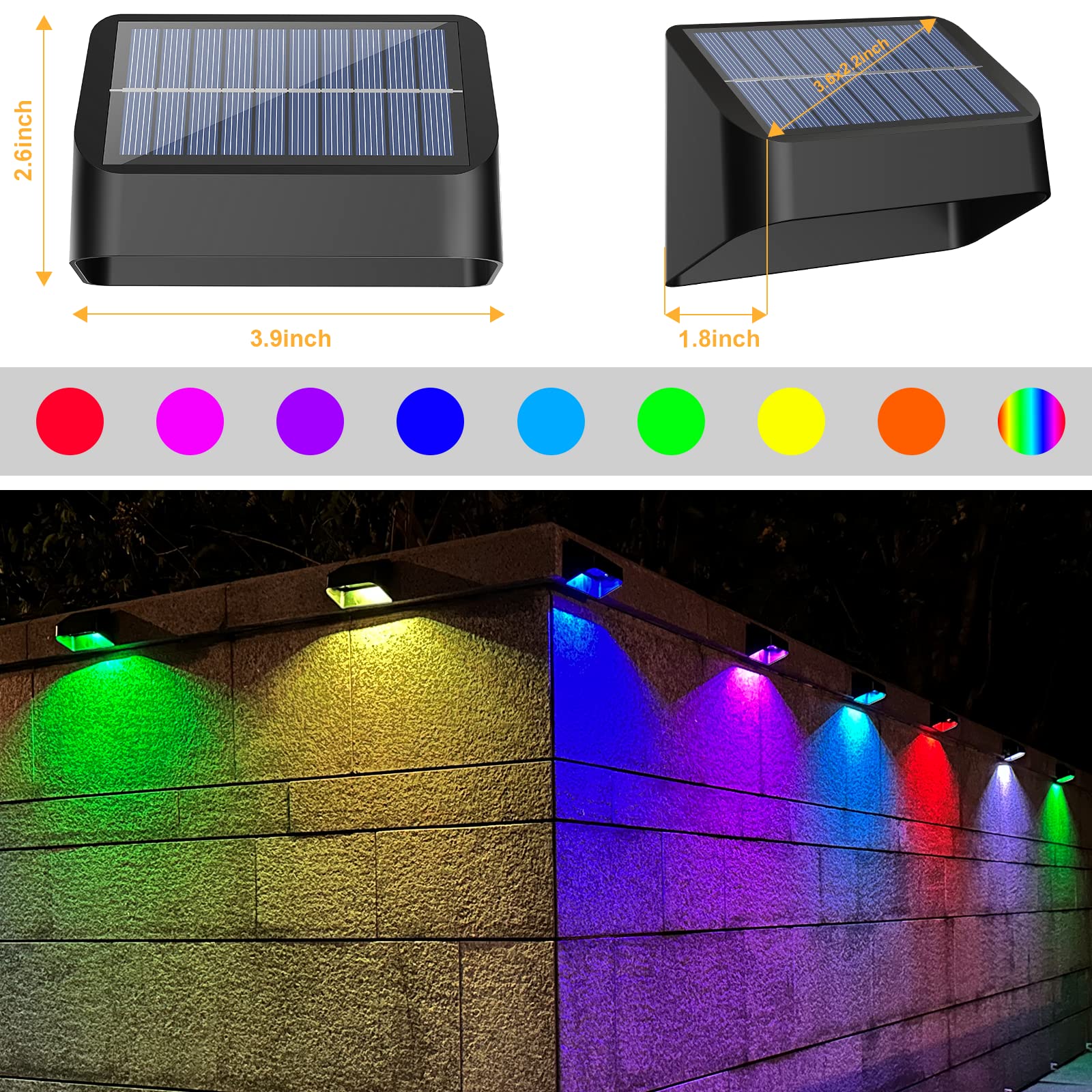 Fliti Brighter Solar Fence Lights 4 Pack, Rgb 8 Colors, Dusk To Dawn Deck Light, Fence Solar Lights Outdoor Ip65 Waterproof, Sol