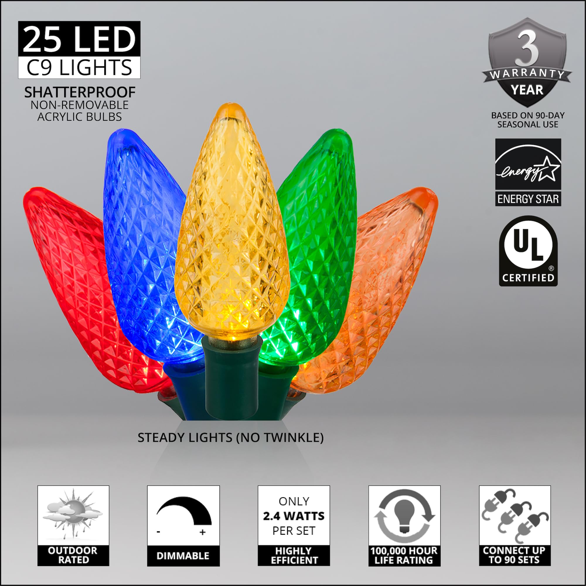 Wintergreen Lighting C9 Christmas Lights Set of 25, 17ft, Multicolor LED, Acrylic