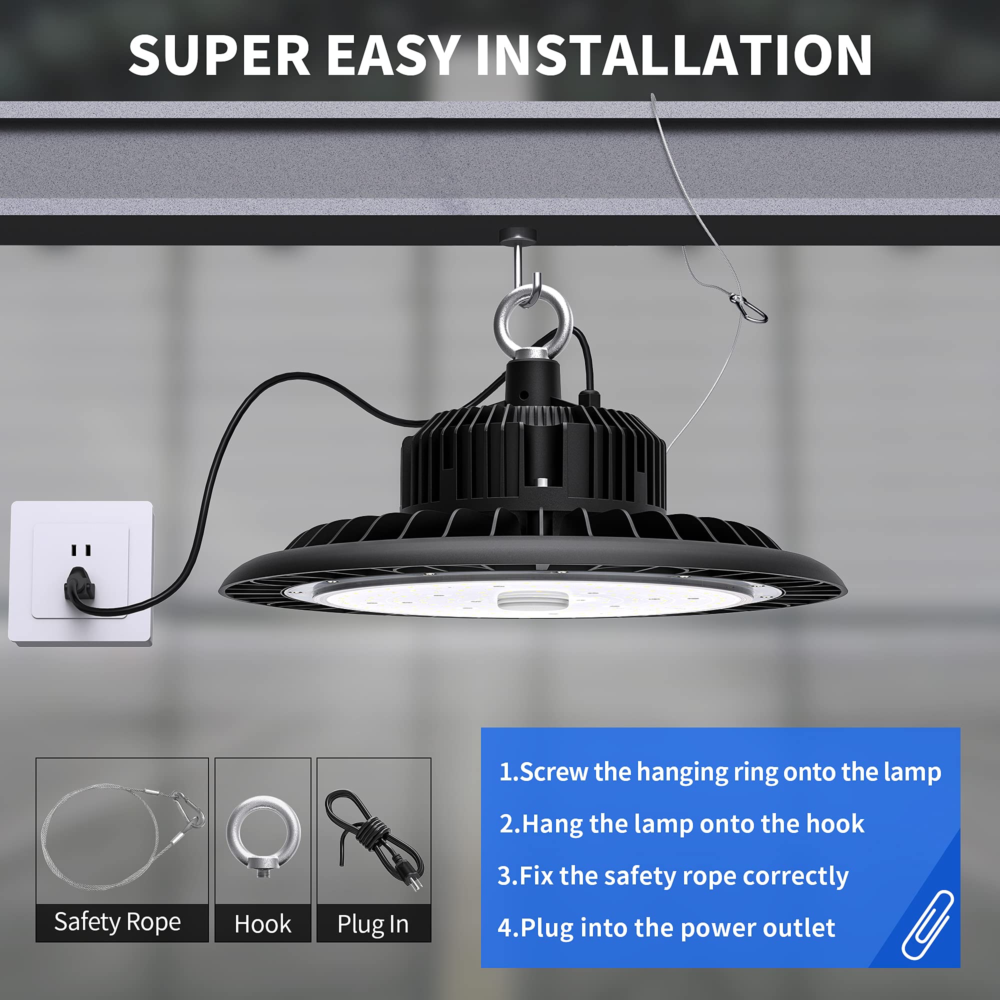 Hugtek LED High Bay Light 150W 21000 LM IP65 Waterproof 5000K Daylight Black