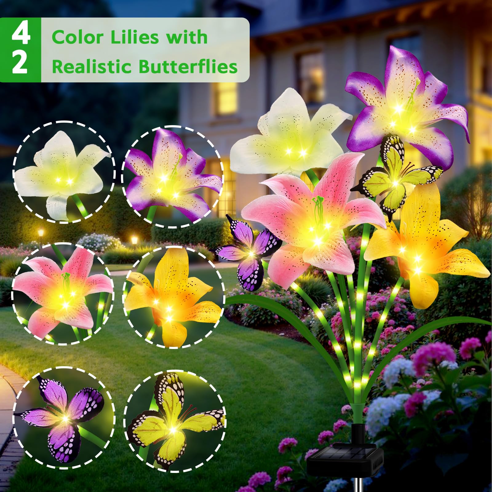 Angmln Solar Garden Lights 2 Pack 8 Lily Flowers With Butterfly Decor, Waterproof Solar Flower Lights For Outdoor - Upgraded Dec