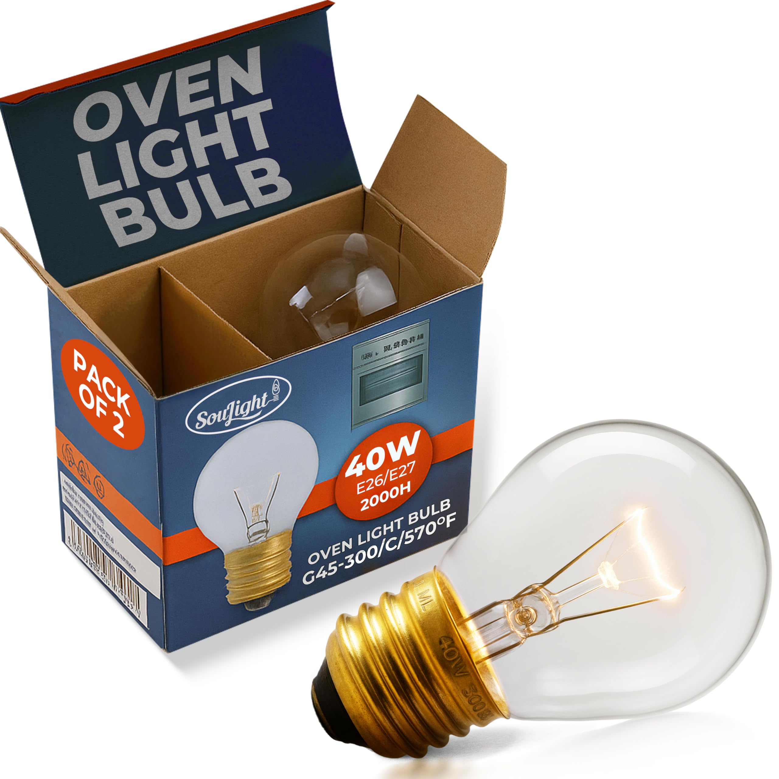 Soulight Oven Light Bulbs – 40W Incandescent, Warm White, G45 E26/E27, 400 Lumens, 2 Pack