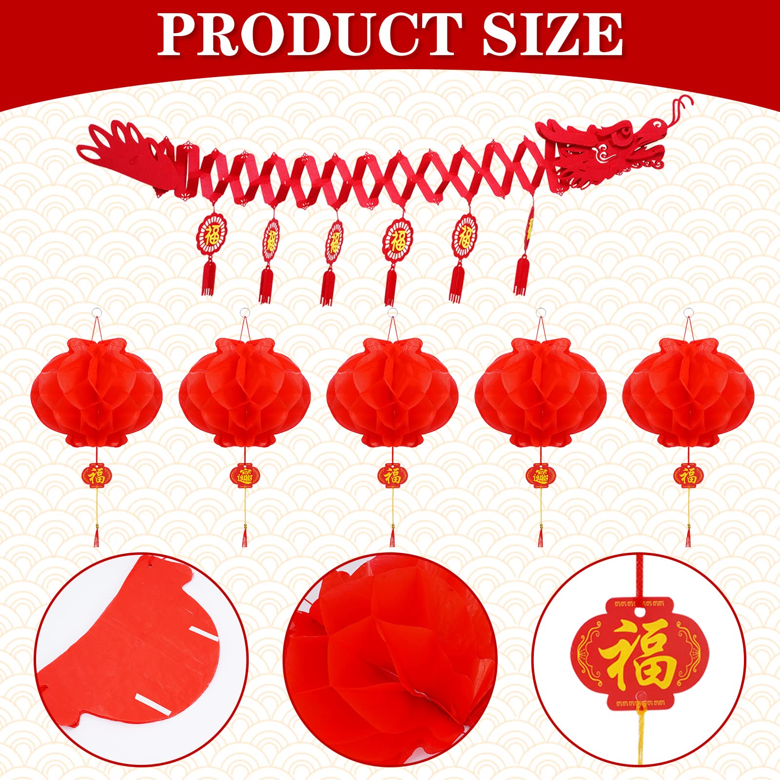 Whaline 3D Chinese New Year Dragon Ceiling Decorations 21Pcs Spring Festival Dragon Garland With Paper Lanterns Hanging Decoration For Lunar New Year Lantern Festival Party Restaurant Supplies