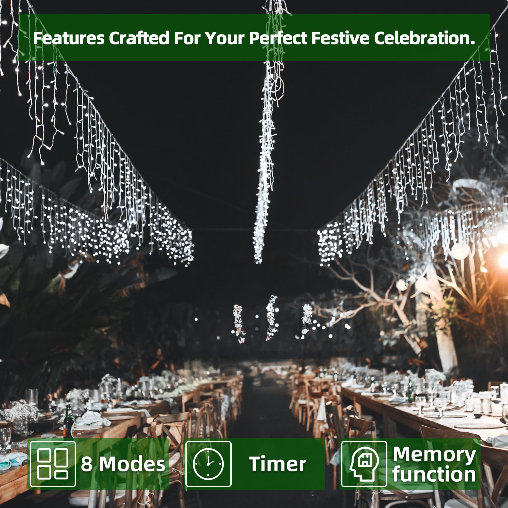XIKENGSHQ 1296 LED Outdoor Christmas Fairy Lights, 131FT, 288 Drops, 8 Modes Timer, IP44 Waterproof, Cool White