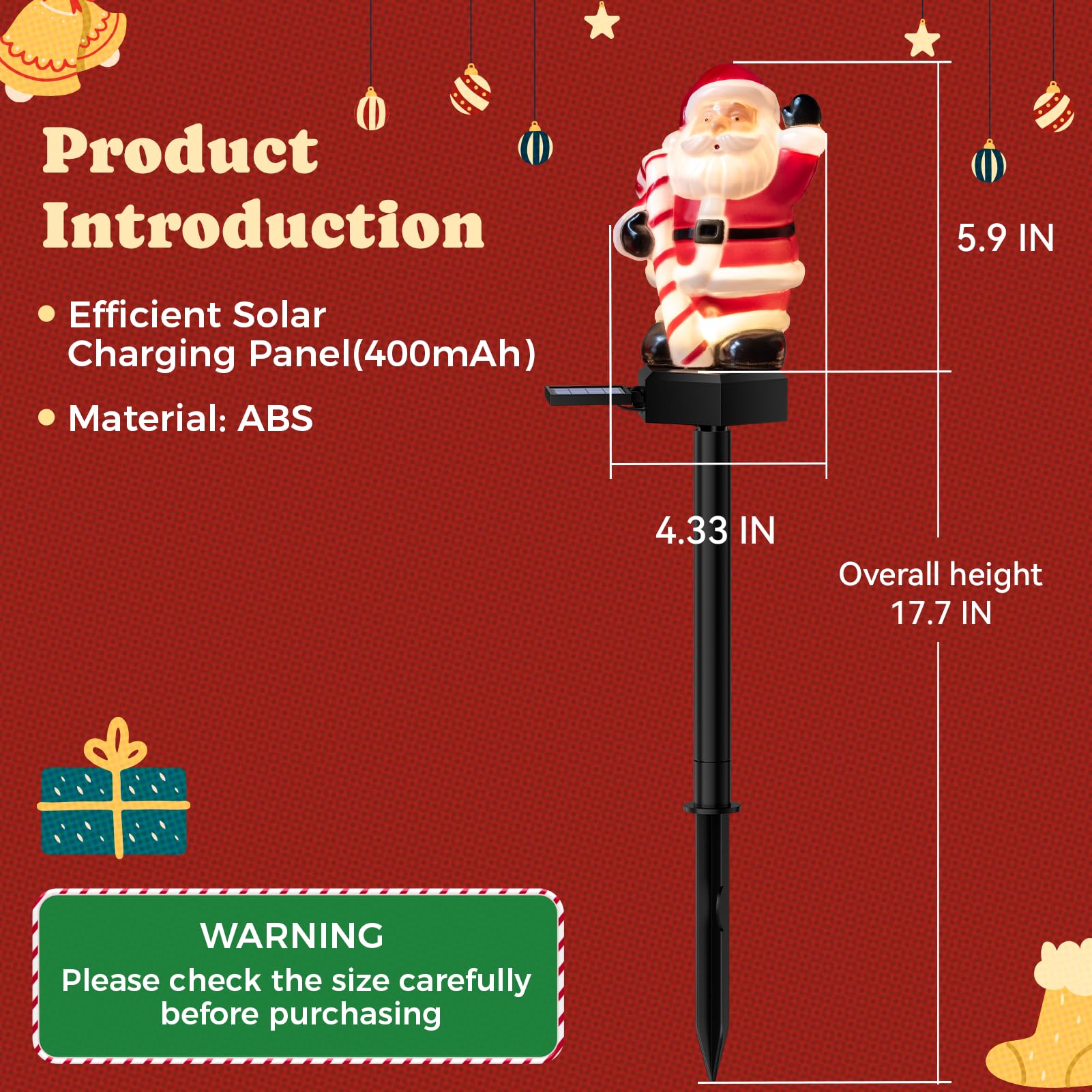 TopVelo Christmas Solar Garden Light - 4 Packs, 17.7in Waterproof, Auto ON/OFF, Red and White, Model Sante2025
