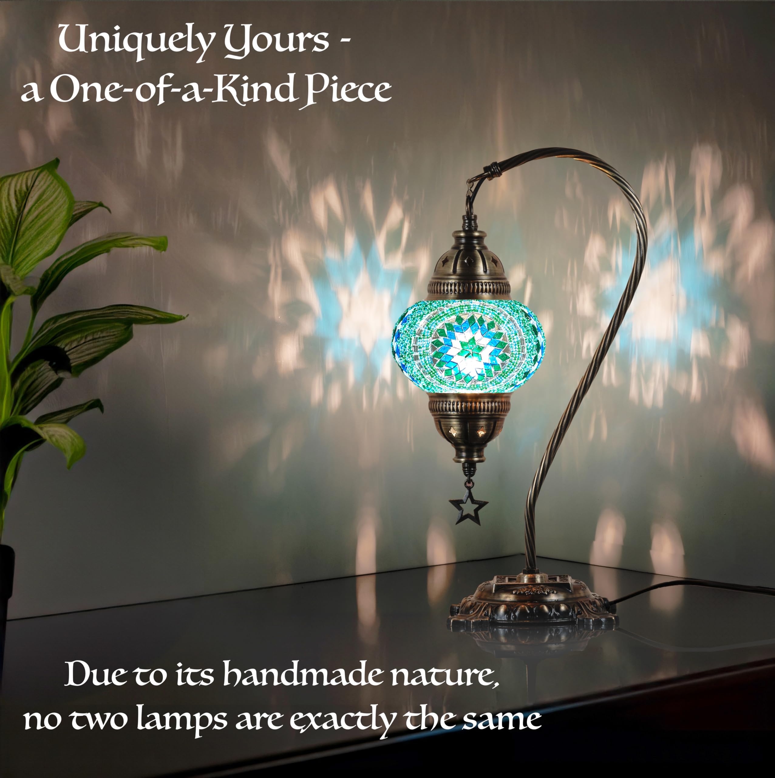 DEMMEX Turkish Table Lamp, Handmade Mosaic Glass, Antique Brass Finish, 15in H, Multicolor, Model: DEMMEXLAMP