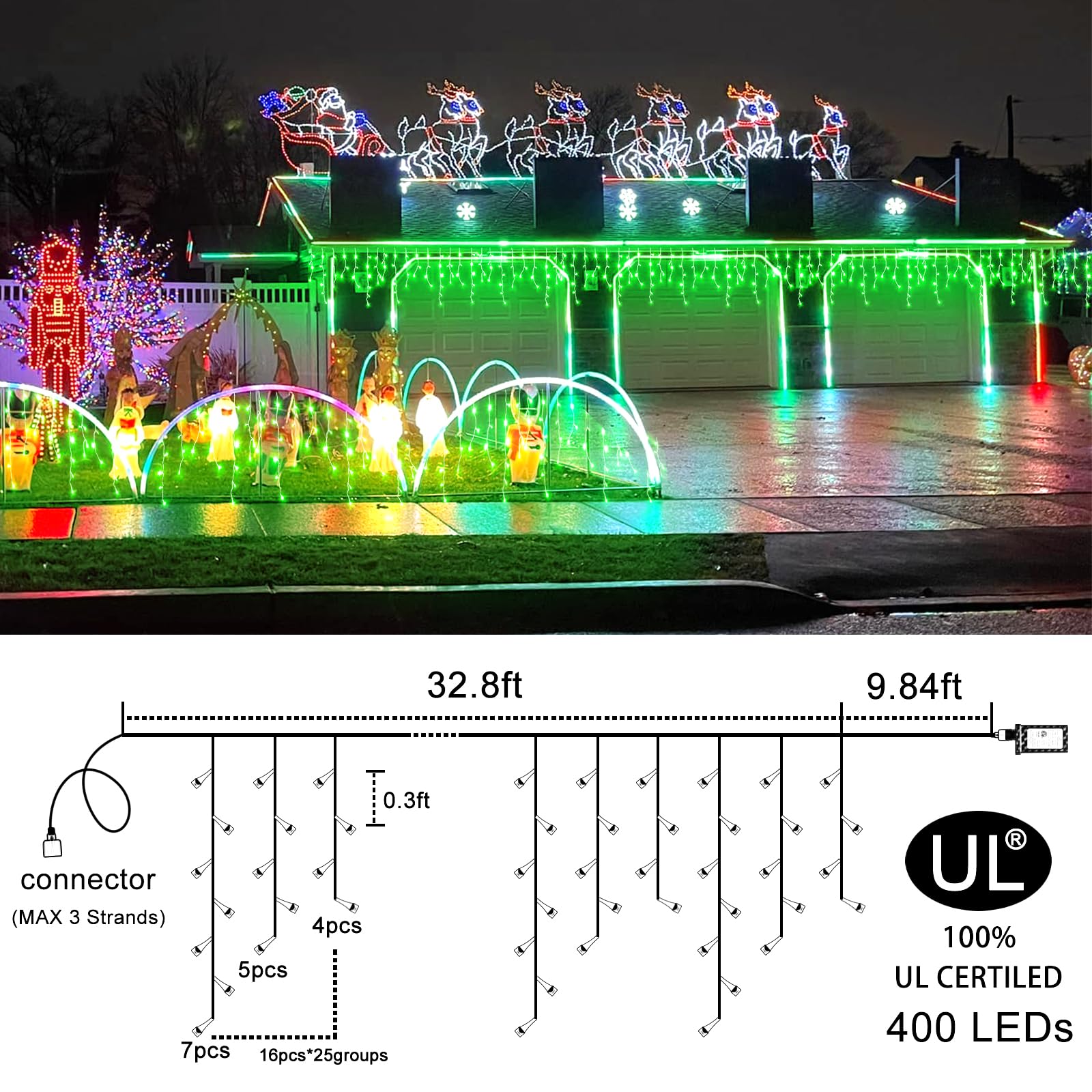 Nielfoi 33Ft 400 Led Christmas Icicle Lights - Waterproof, 8 Modes, Green Hanging Decoration