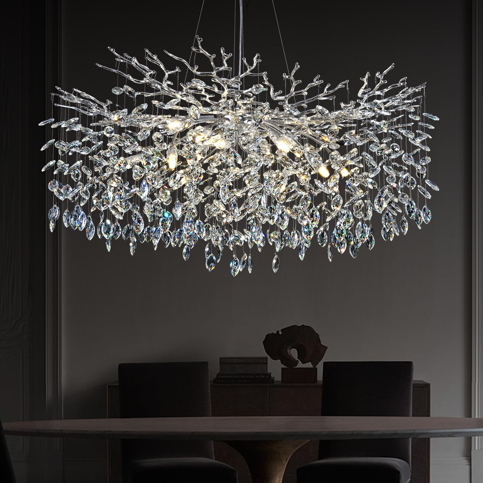 kvtinmty Modern Crystal Chandelier - 40" Round Silver Tree Branch Design, Dining Room Light Fixture, Model 2023102612