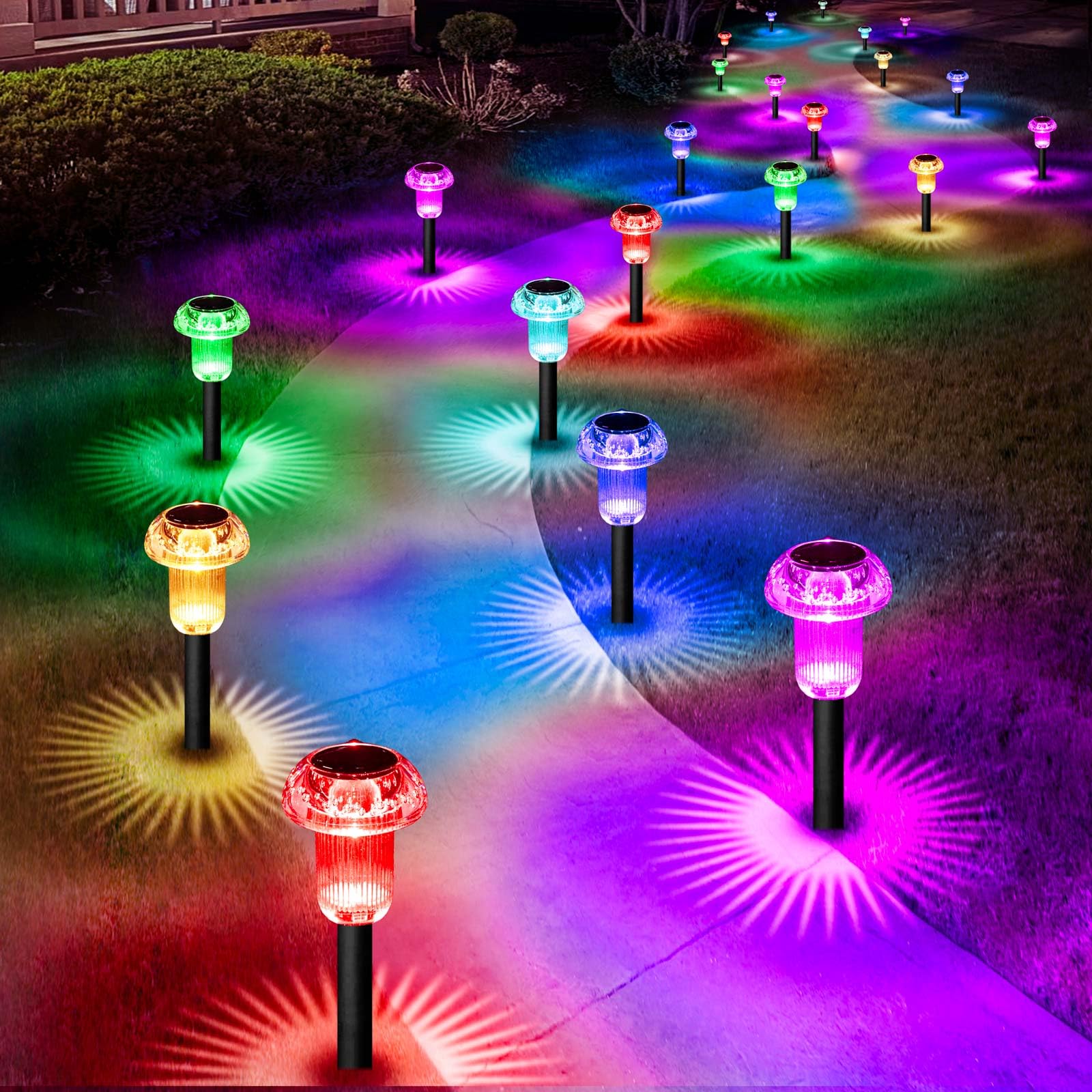 Priddop Solar Christmas Lights - 16 Pack Color Changing LED Mushroom Garden Lights - Waterproof - Multicolor