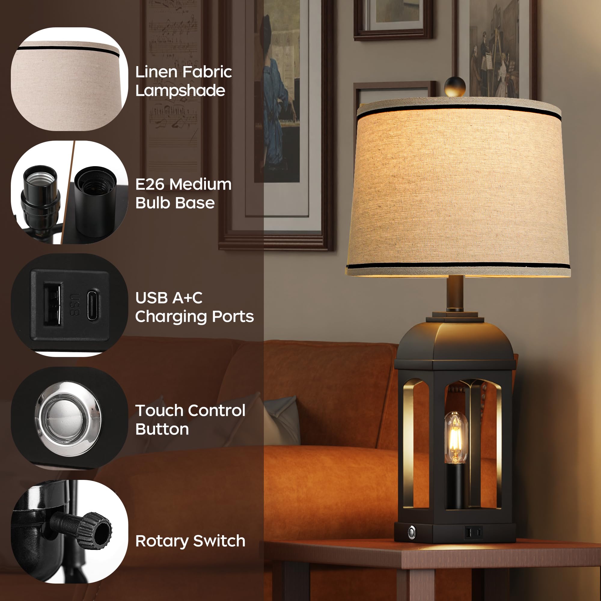 QiMH Rustic Table Lamp - 26" Touch Control, USB A+C, 3-Way Dimmable, Black, 1 Pack for Living Room & Bedroom
