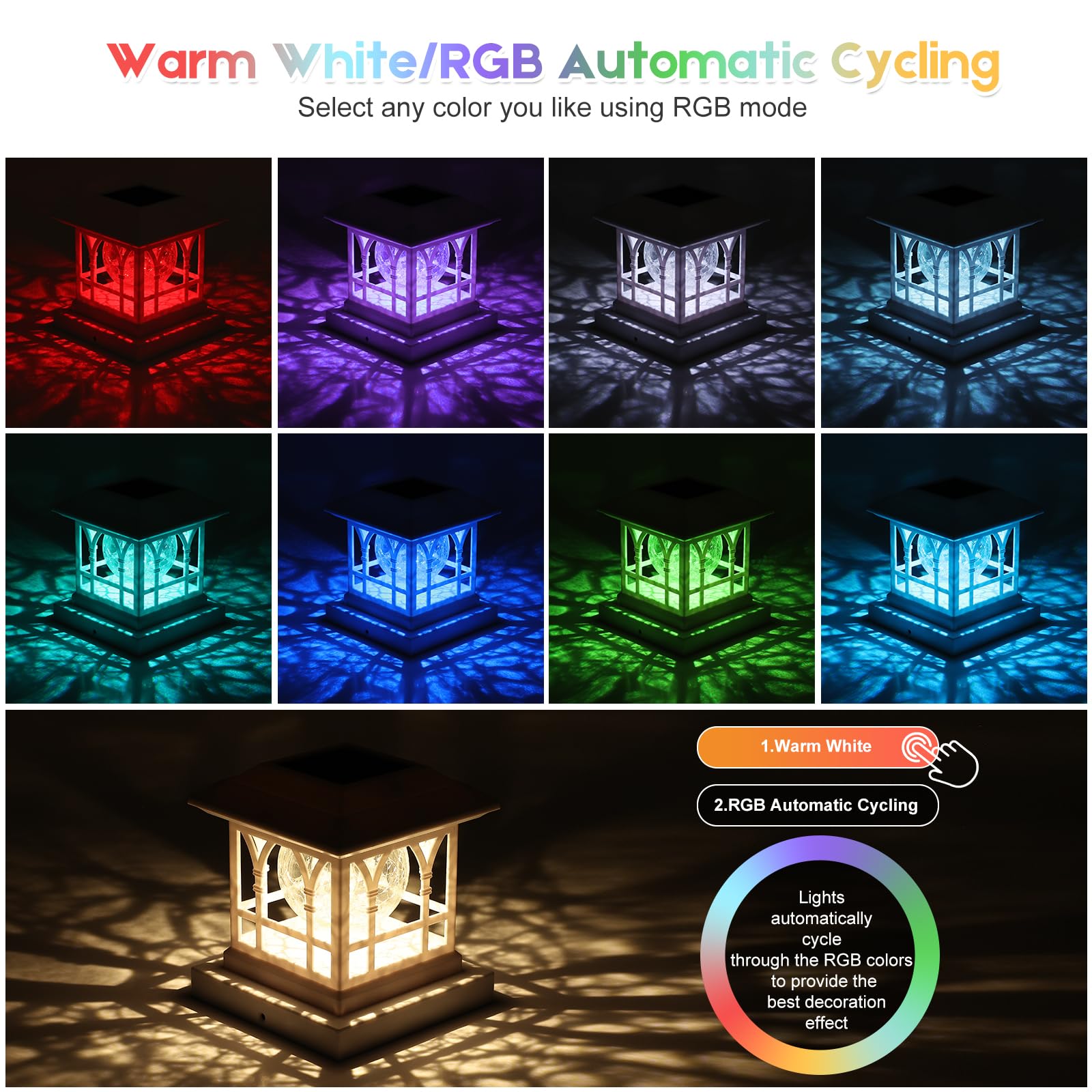 Aeyanzz Fence Post Solar Lights, Crackle Glass Solar Post Cap Lights, 20 Lumens, Warm White & Rgb Automatic Cycling 2 Modes For 3.6X3.6 4X4 4.5X4.5 5X5 Vinyl Wooden Posts Decoration, White (12 Pack)