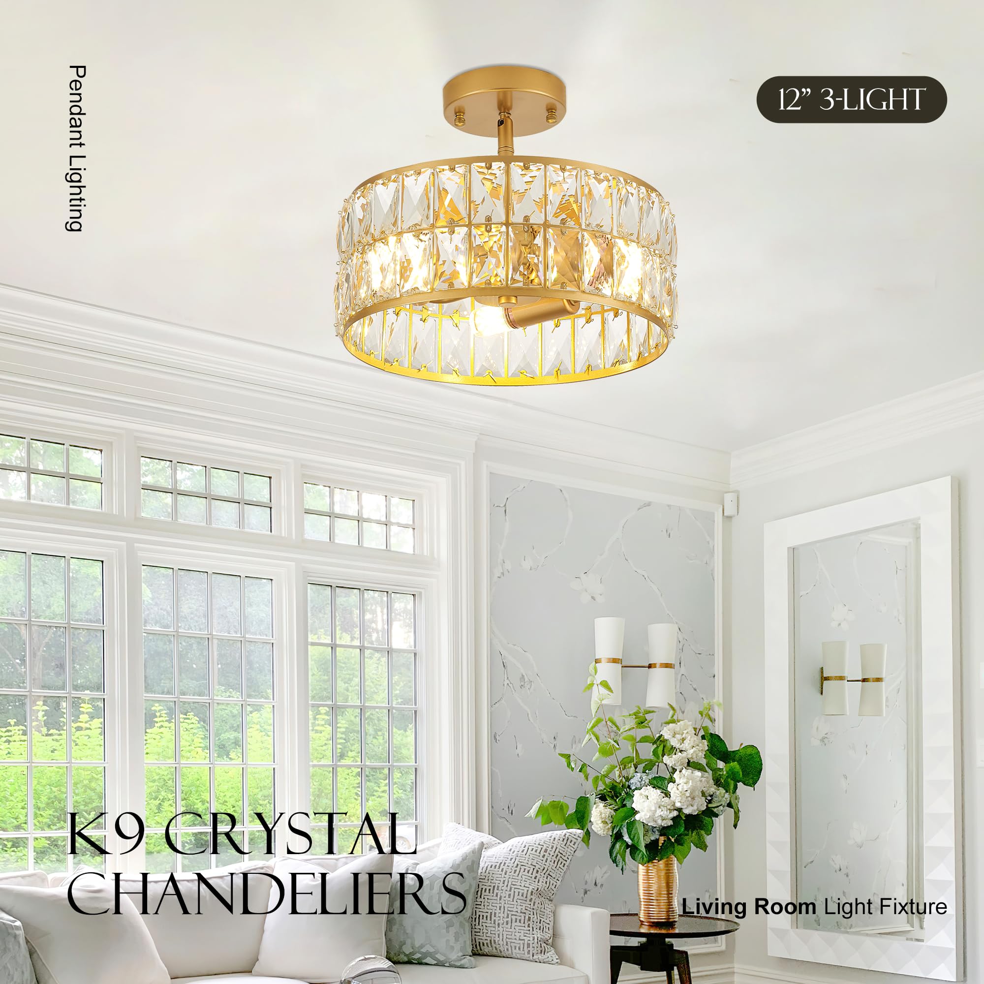 Salaiwei 12    3-Light Modern Crystal Chandeliers Gold Dinning Room Light Fixture, Round Pendant Light Kitchen Island Chandelier