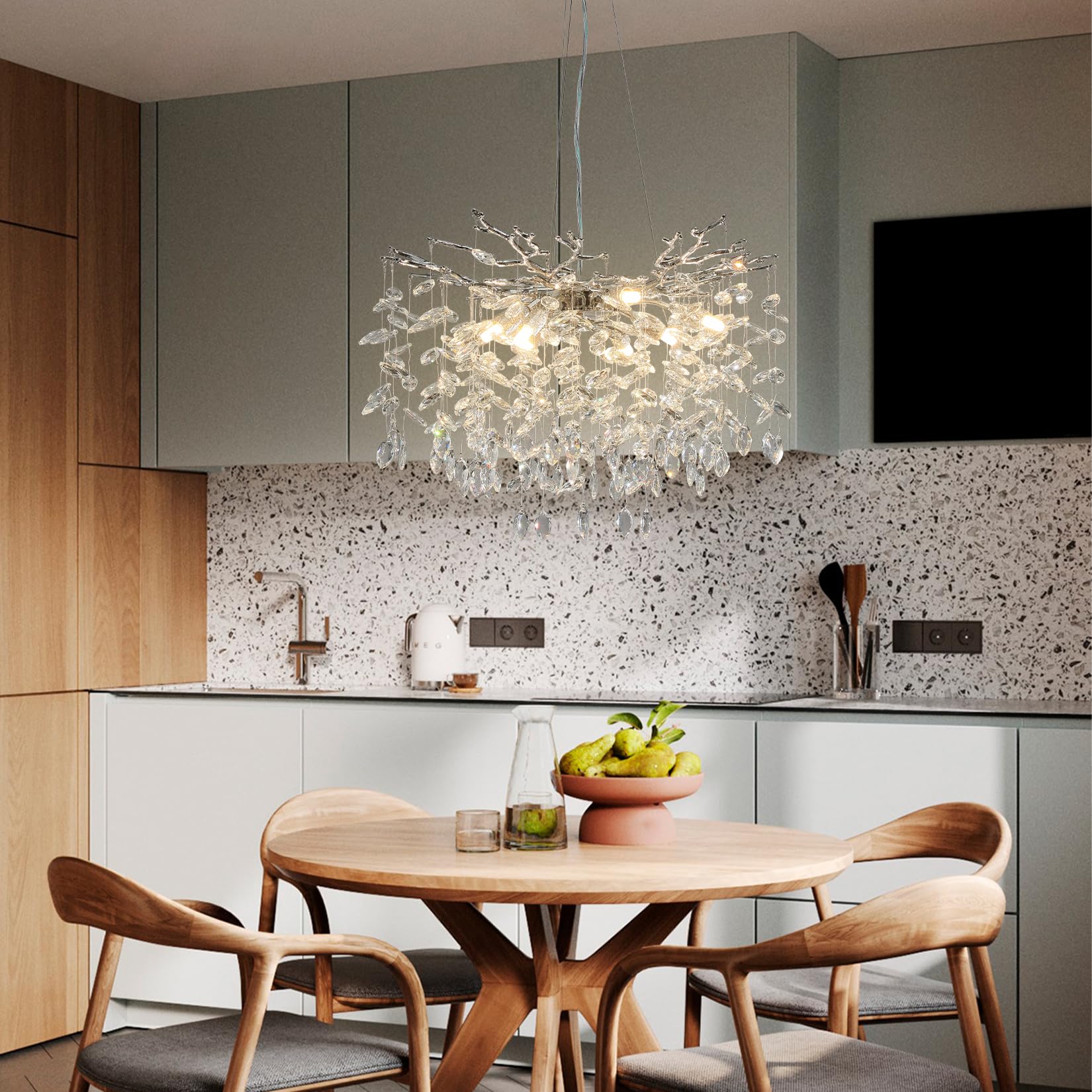 Yuyi Modern Crystal Chandelier 47'' Silver Tree Branch Chandelier For Dining Room, 18-Lights Round Raindrop Chandeliers For Livi