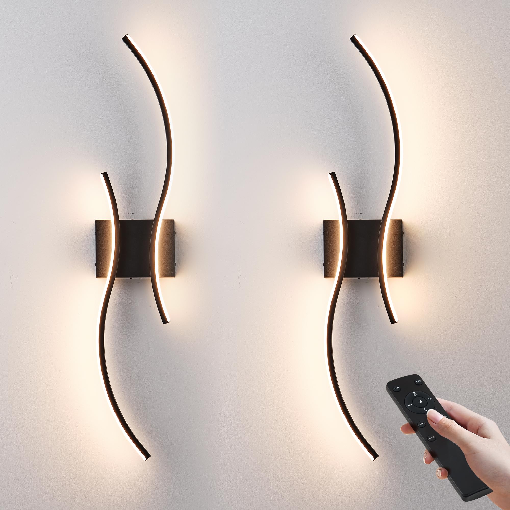 KARTOOSH Battery Operated Wall Sconces Set of Two, Remote Control, LED Dimming, 27.5 Inch, Black, Model ZM319BBL70
