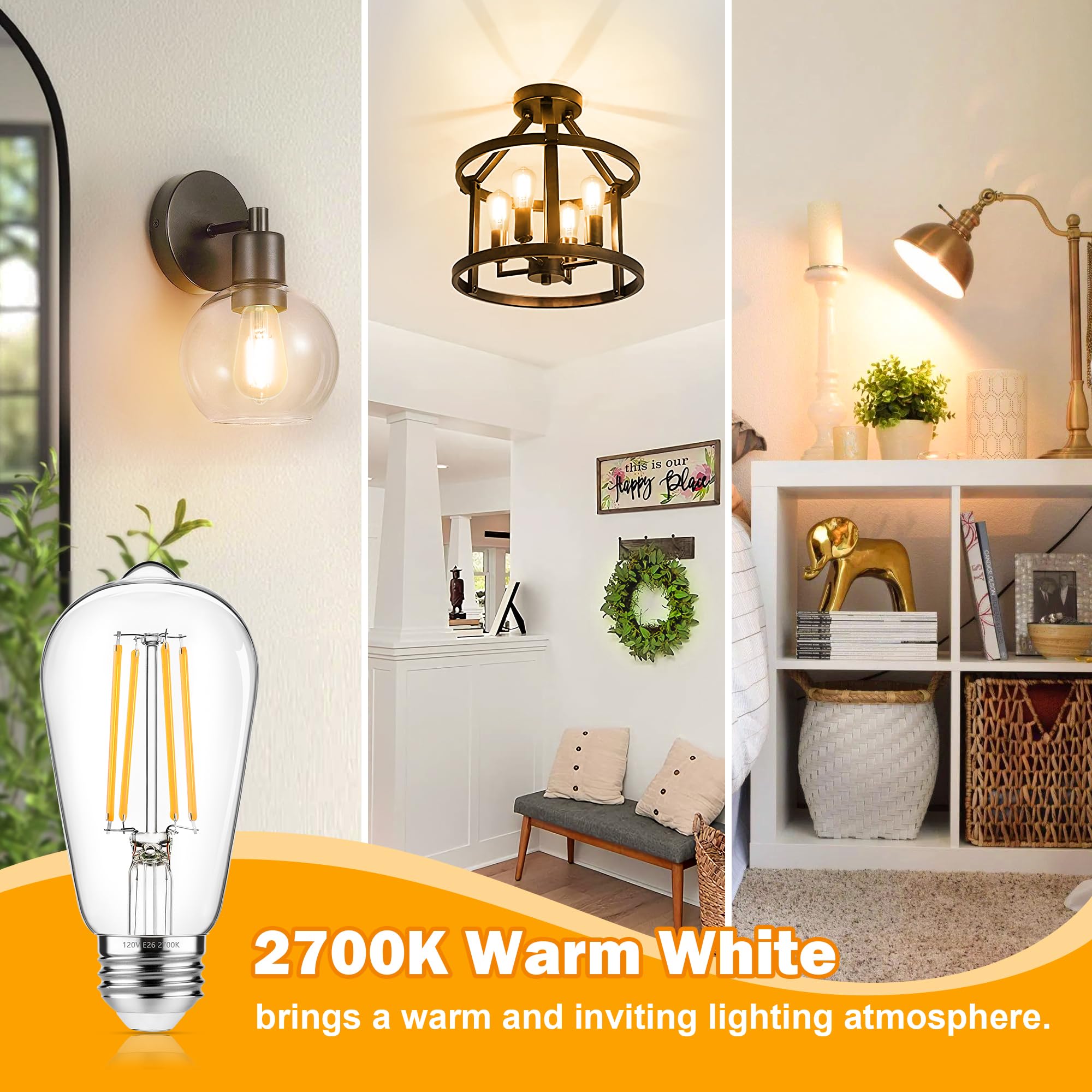 Asomst Vintage Edison Bulbs 60W Equivalent 850Lm, 6W Led Light Bulb Warm White 2700K, St58 Filament Lighting E26 Base, Non-Dimma