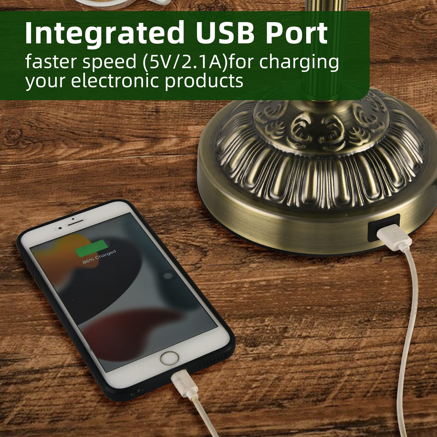 Rizzyluz Vintage Green Glass Bankers Desk Lamp with USB Port, Metal, Model RZ-MT0249 AB