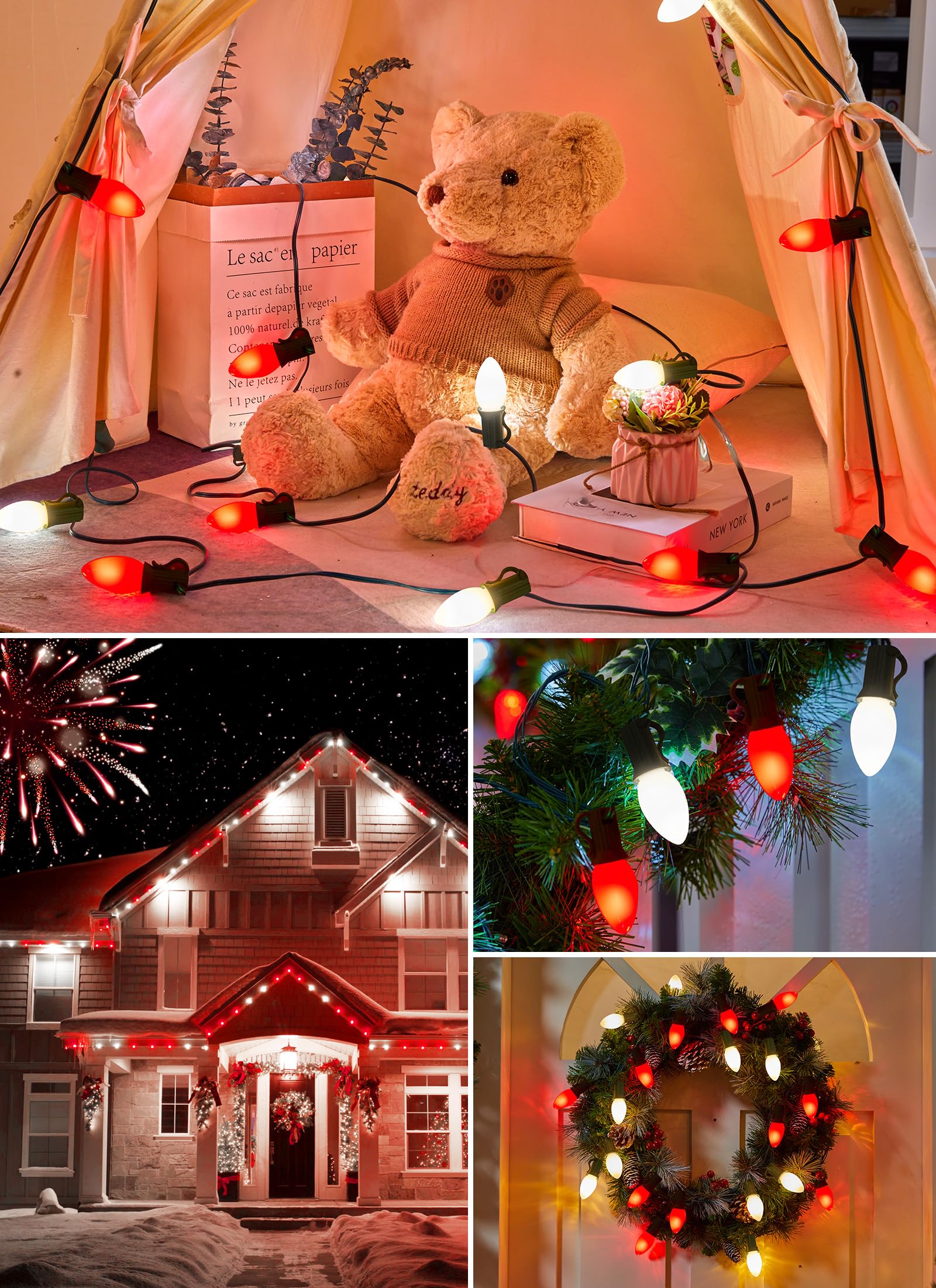 Vintage C9 Led Christmas Lights Outdoor  150 Feet C9 String Lights With 75 Shatterproof C9 Bulbs  Waterproof Connectable Christmas Tree Lights For Outside Roofline Patio Xmas Decor  Red & Pure White