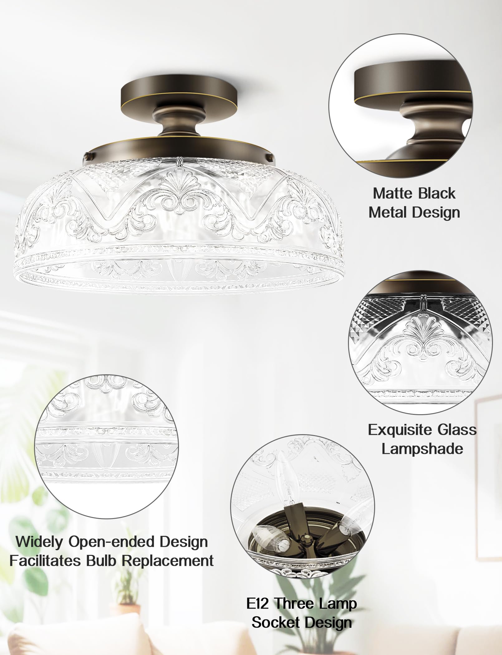 Slypadan Semi Flush Mount Ceiling Light, 12" Bronze Fixture, 3-Light Globe, Durable Metal, Black and Gold, Model 3011C-3CC-1PUS