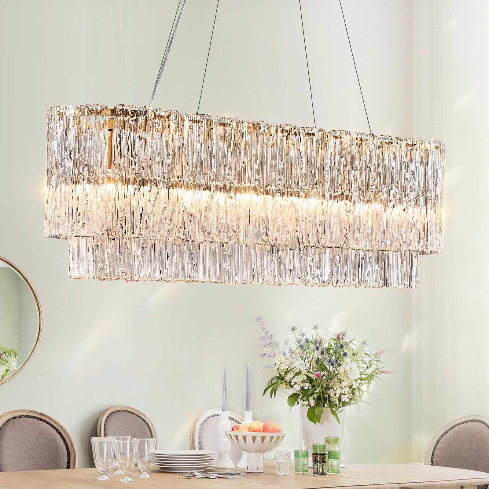CATINER Gold Rectangle Chandeliers for Dining Room Modern Island Light Crystal Glass6-Light Chandelier Rectangular Linear Pendan