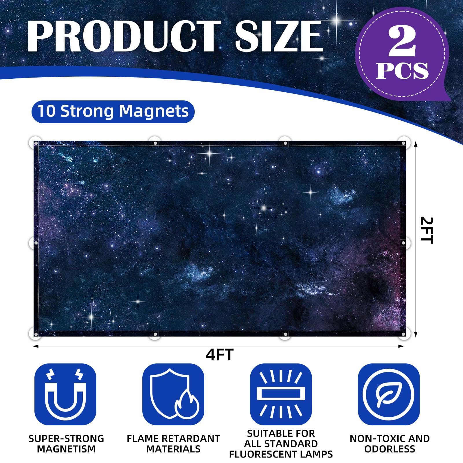 ANGSYLTH Fluorescent Light Covers - 4x2 Feet, Starry Sky, 2 Pack, Oxford Fabric, Strong Magnet, Ideal for Classroom, Office, Home