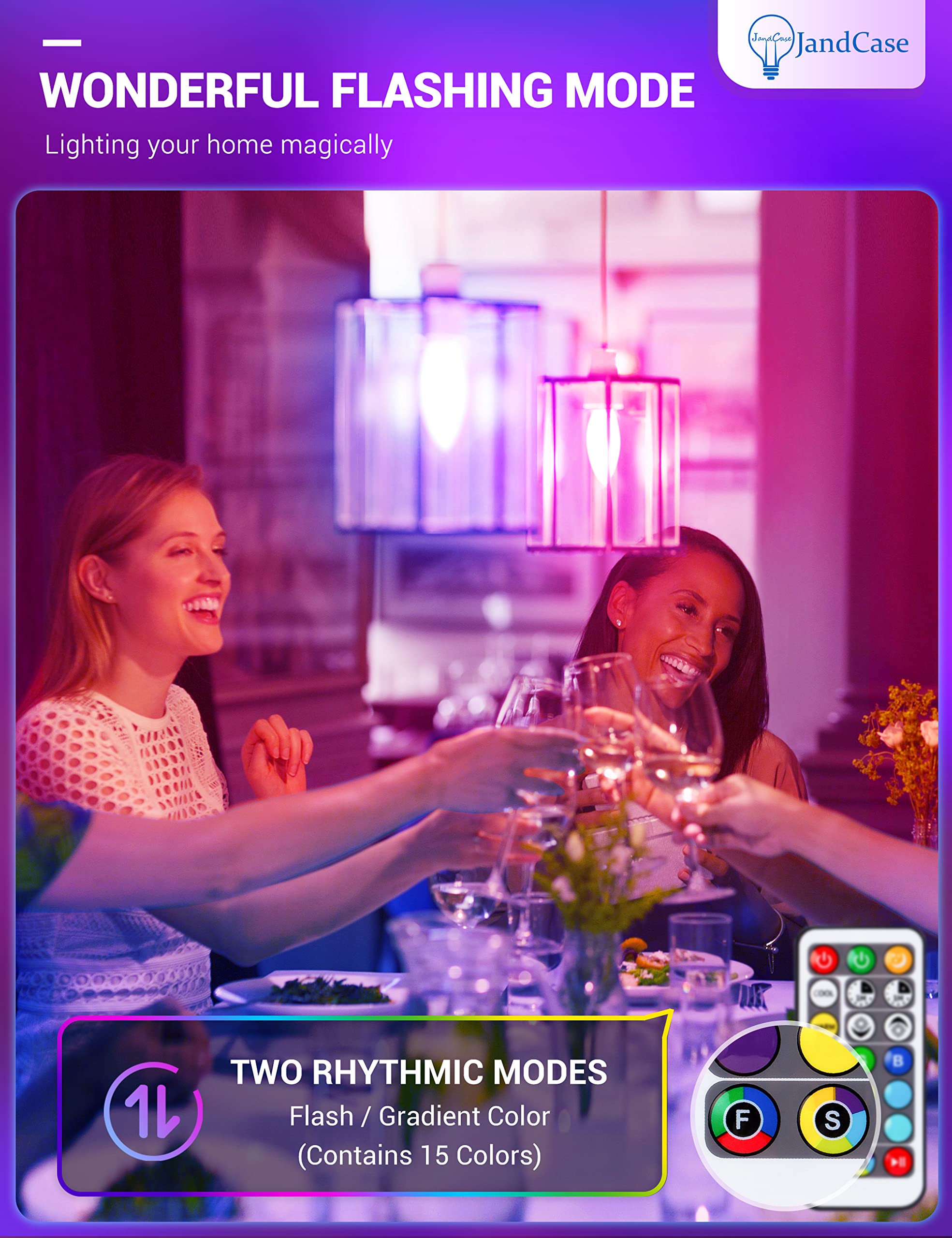 JandCase E12 Color Changing Light Bulb, E12 Candelabra Light Bulb 5W, 40W Incandescent Equivalent, RGB+Warm+Cool White, Remote C