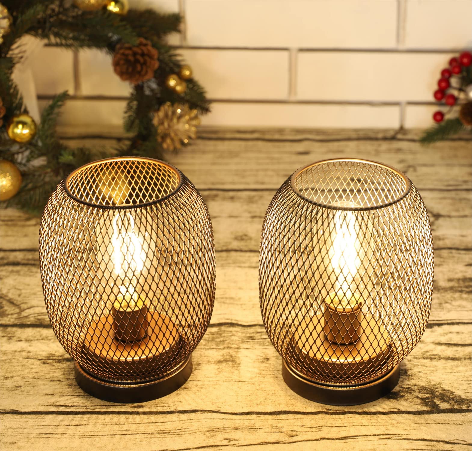 JHY DESIGN Metal Cage LED Lantern Set of 2, Battery Powered, Round Shape, Bronze, Model JHY30132S-R, Indoor/Outdoor Use
