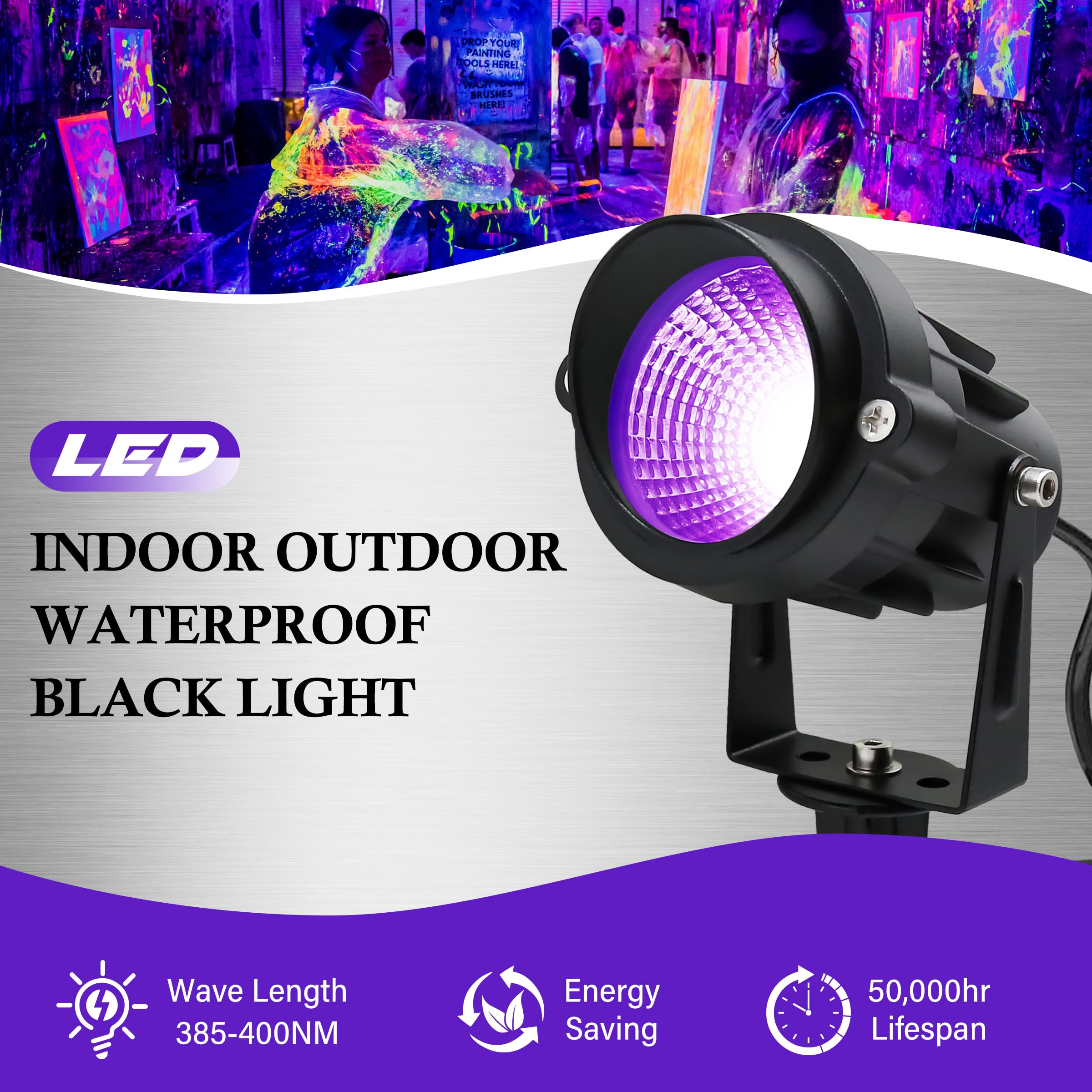 Qeeanmo 12W Halloween Outdoor Blacklight Spotlight, 2PACK Purple LED Landscape Lighting, Aluminum, Model PLDCD02
