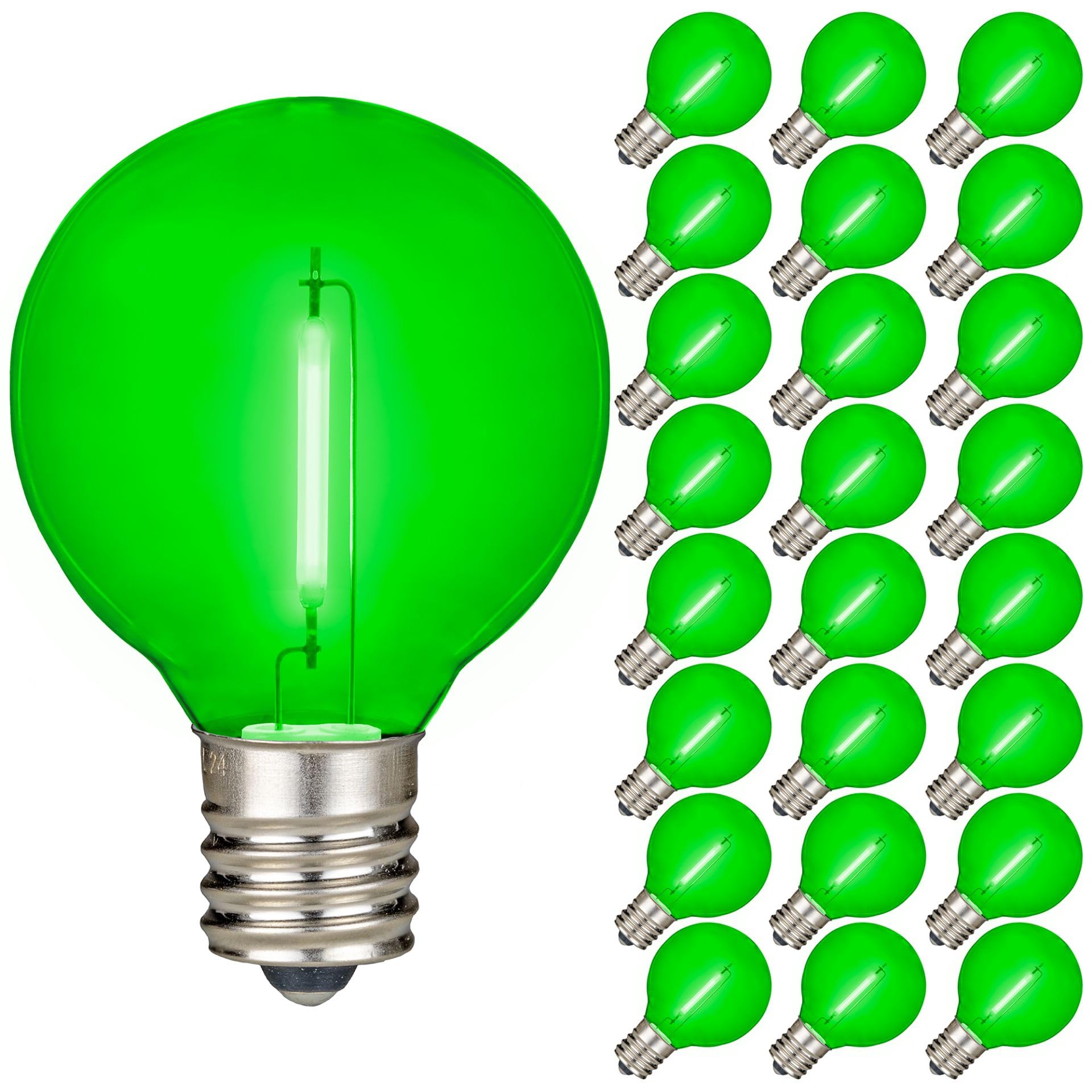 Novelty Lights 25 Pack Green G40 Led Filament String Light Bulbs  E12/C7 Candelabra Base  5 Watt Equivalent  Shatterproof Replacement Bulbs For Patios  Canopy Lighting