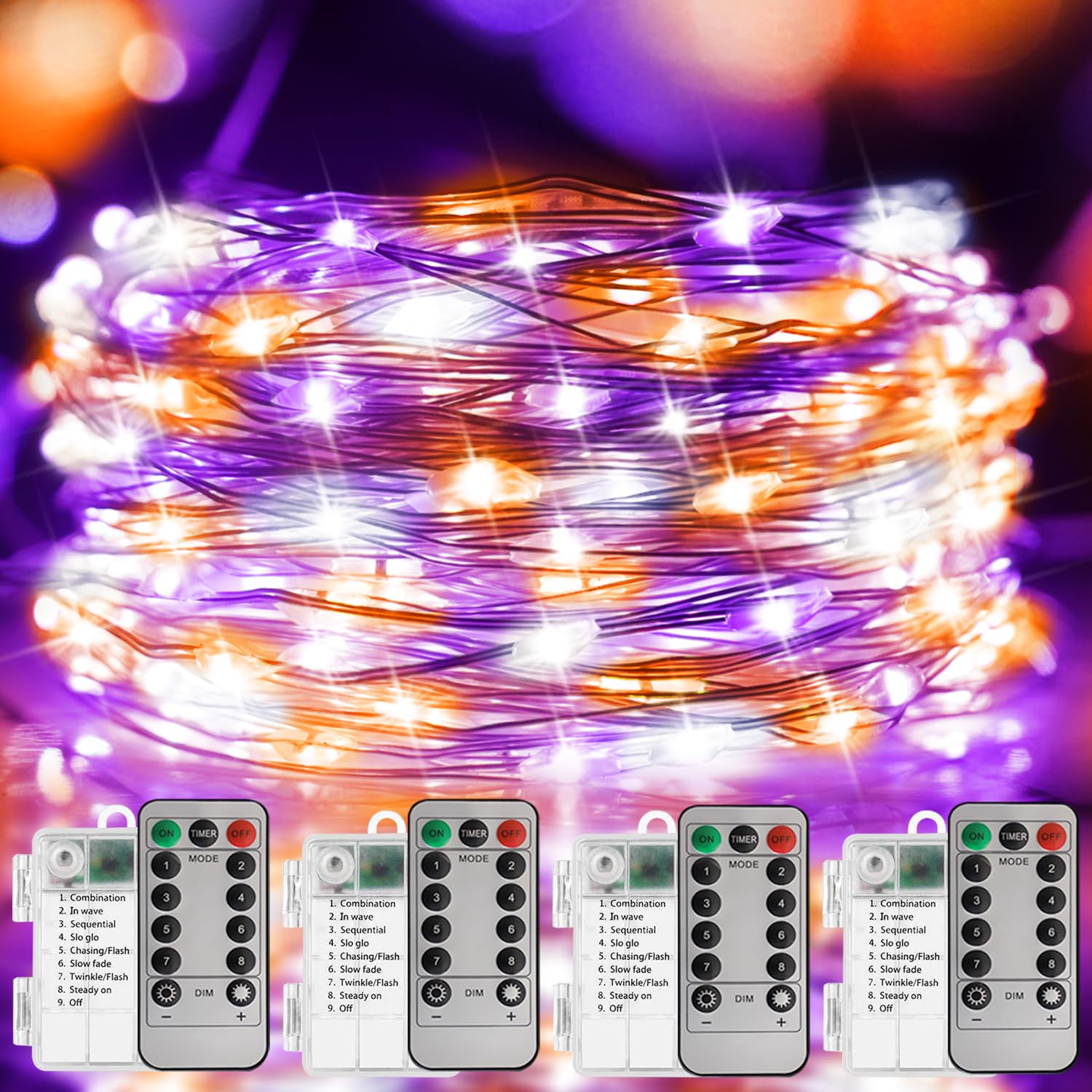 Curyidy 100LED Copper String Lights, Battery Operated Fairy Lights with Remote, Purple White Orange, Halloween Decor - 4 Pack
