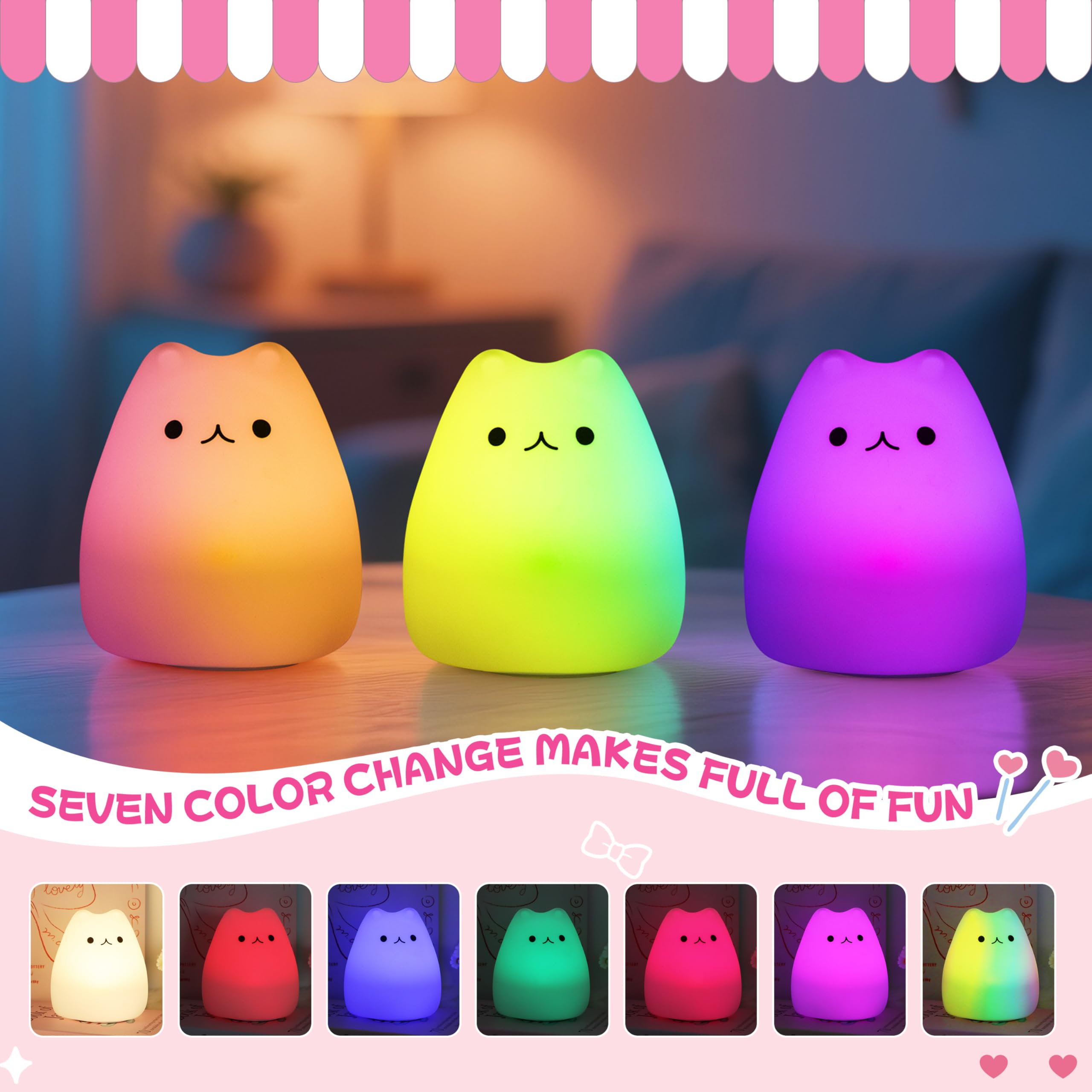 Loatme Night Light For Kids  Cute Cat Squishy Silicone Lamp With 2 Levels Of Brightness  Kawaii Touch Nightlight For Room Decor  Perfect Gifts For Baby  Girl  Boy  Toddler  Nursery