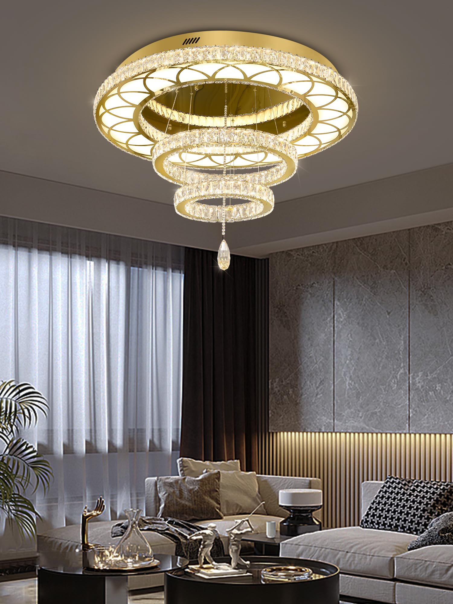 Flashing God 32" Modern Crystal Chandelier LED Flush Mount Light - Gold Finish, Dimmable 2700k/4500k/6000k, Ideal for Living Room & Bedrooms