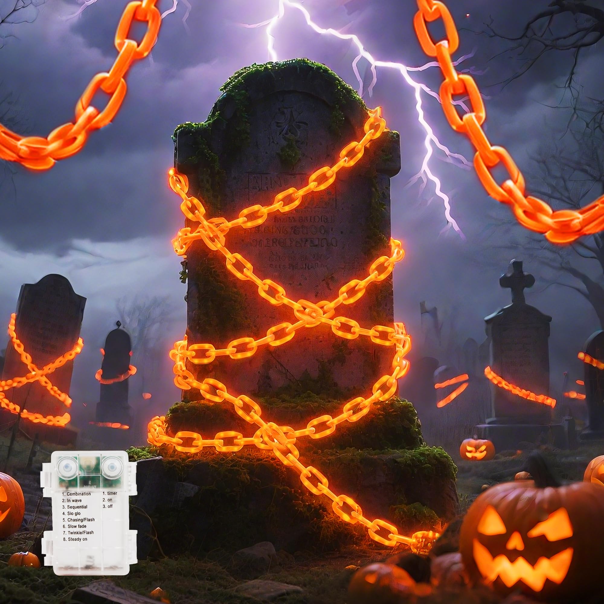 MYGOTO Battery Operated Halloween Lights Outdoor, 10.5FT 175 LED Plastic Chains Lights, 8 Modes Waterproof Timer String Light fo