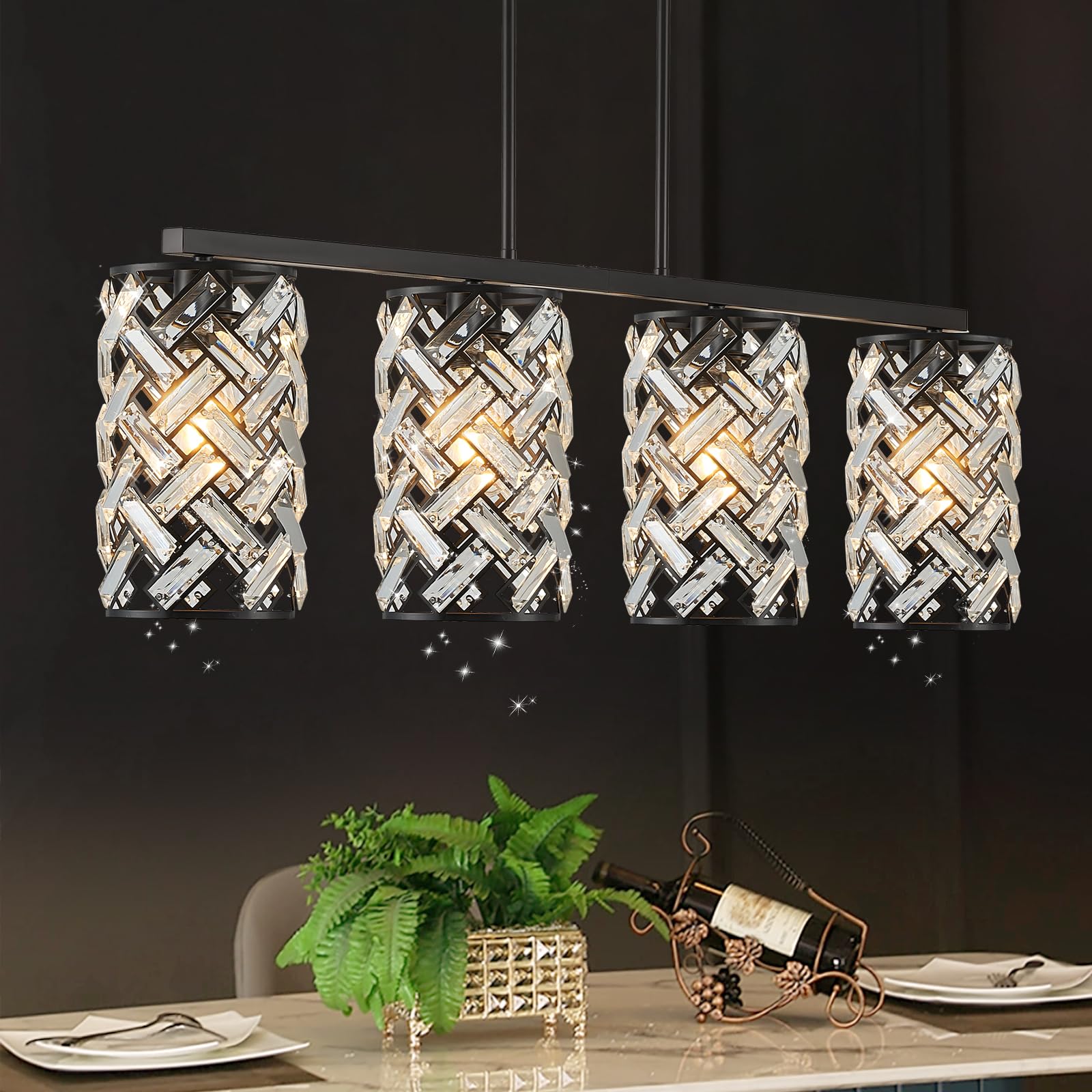 CATINER 40'' Crystal Kitchen Island Lighting 4 Lights Modern Black Linear Chandelier Dining Room Light Fixture Over Table Luxury