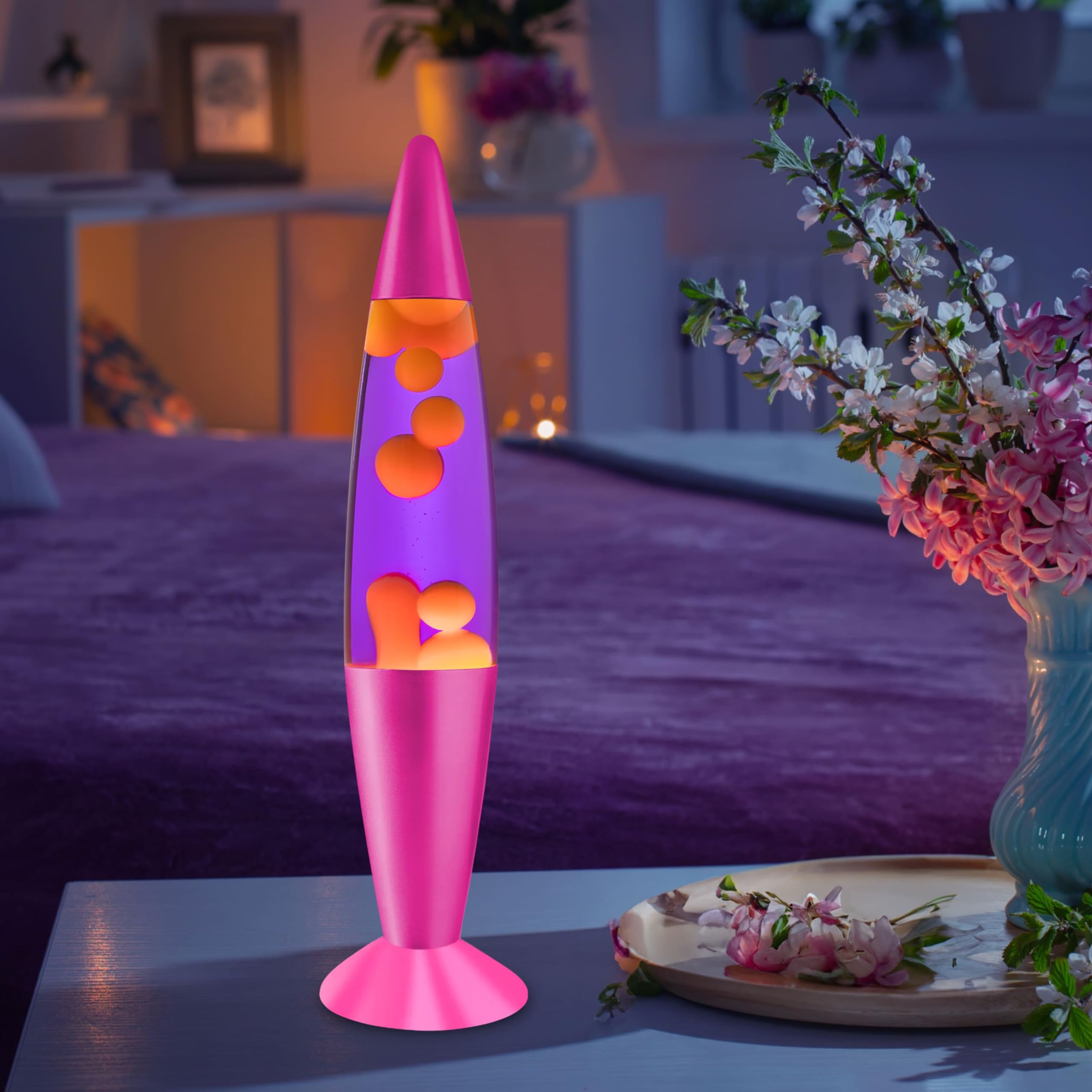 Jambo 16-Inch Liquid Lamp, Glass, Pink Base, Purple Liquid, Yellow Wax, Model KL-17, Relaxing Night Light for Kids & Adults