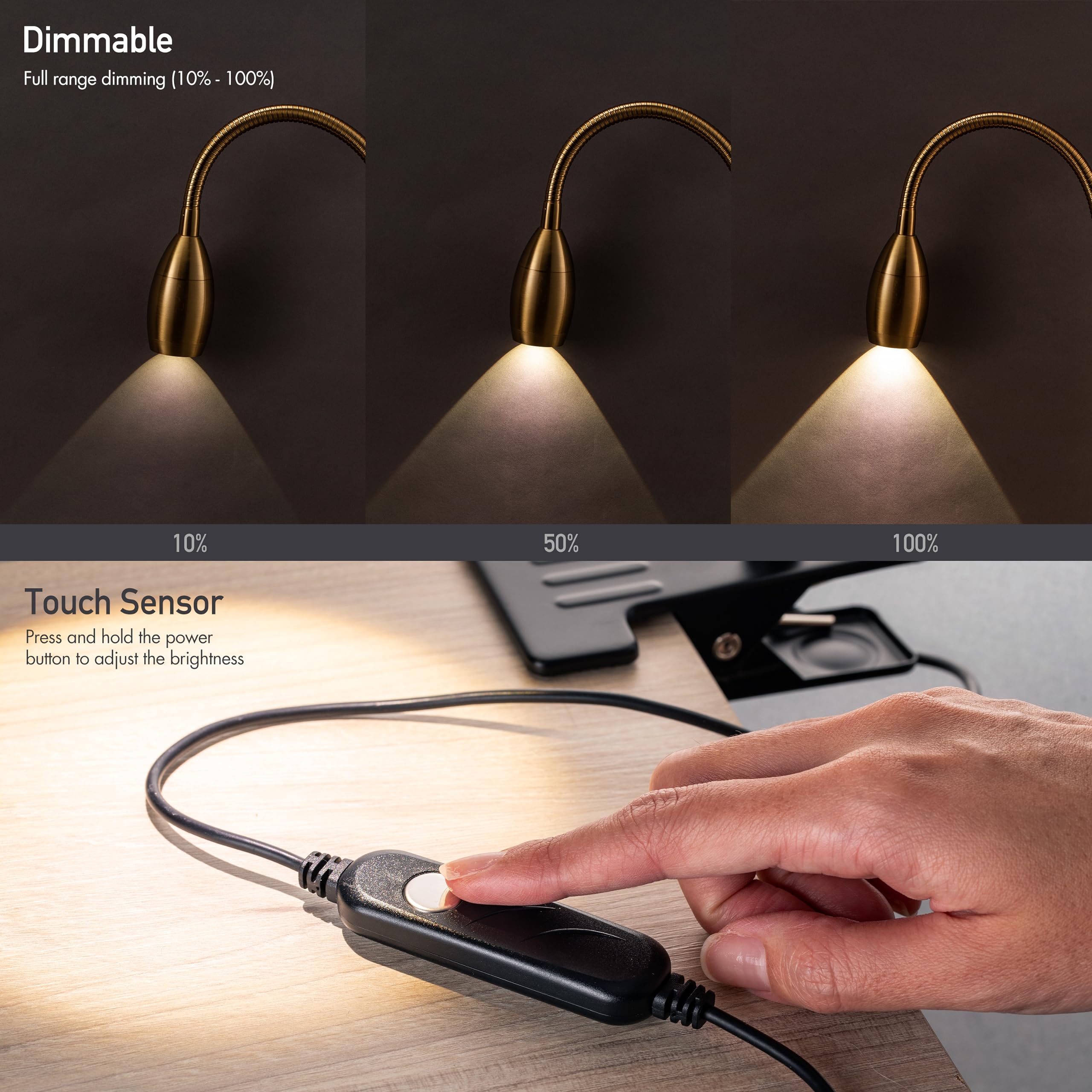 O'Bright Lumos Clip-on Lamp - Zoomable, Dimmable LED, Flexible Gooseneck, Antique Brass, Model OB-CL15M