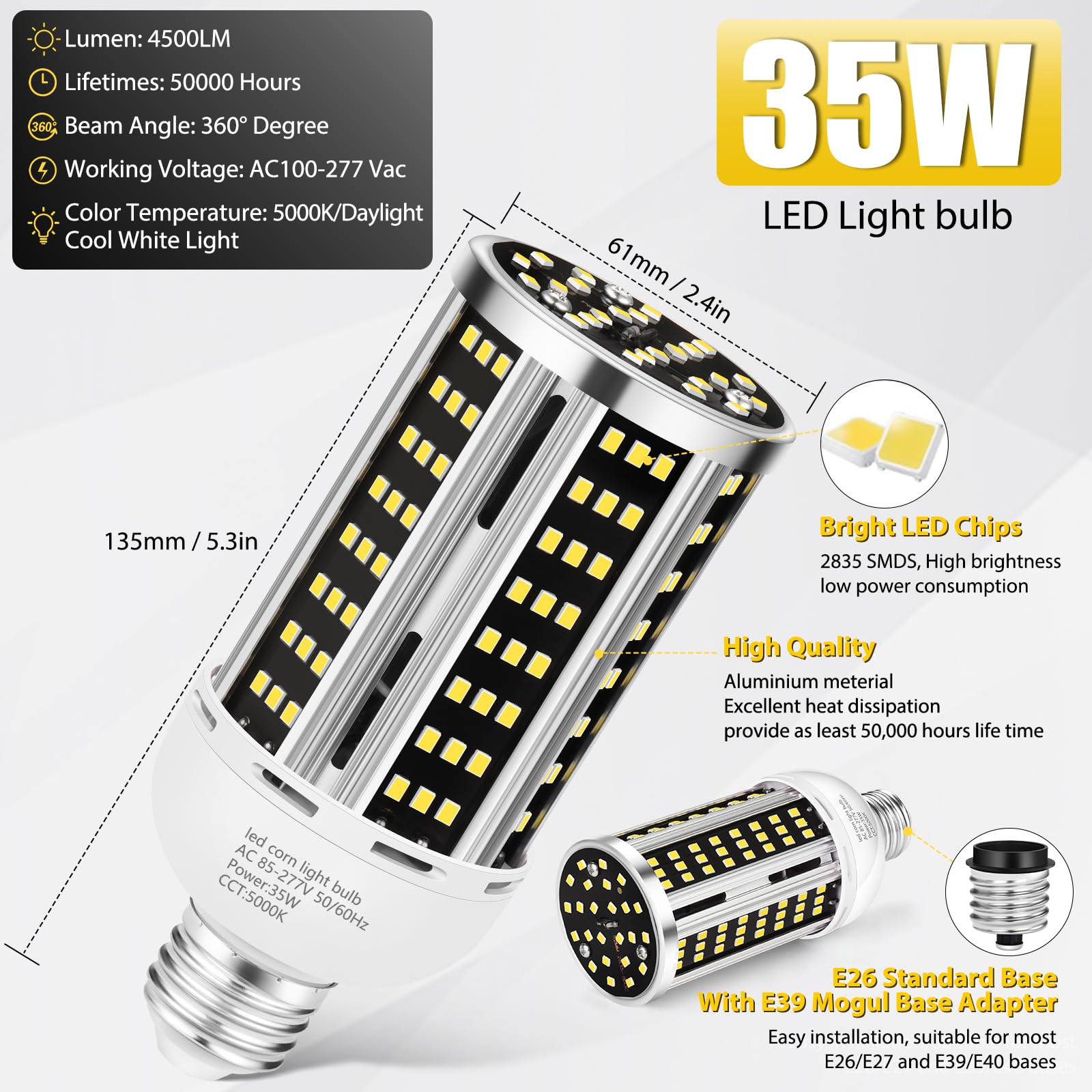 35W 6 Pack Led Corn Light Bulb,(300W Equivalent ) Commercial Grade Daylight 5000K E26/E39 5000Lm Medium Mogul Base Led Lamp,Larg